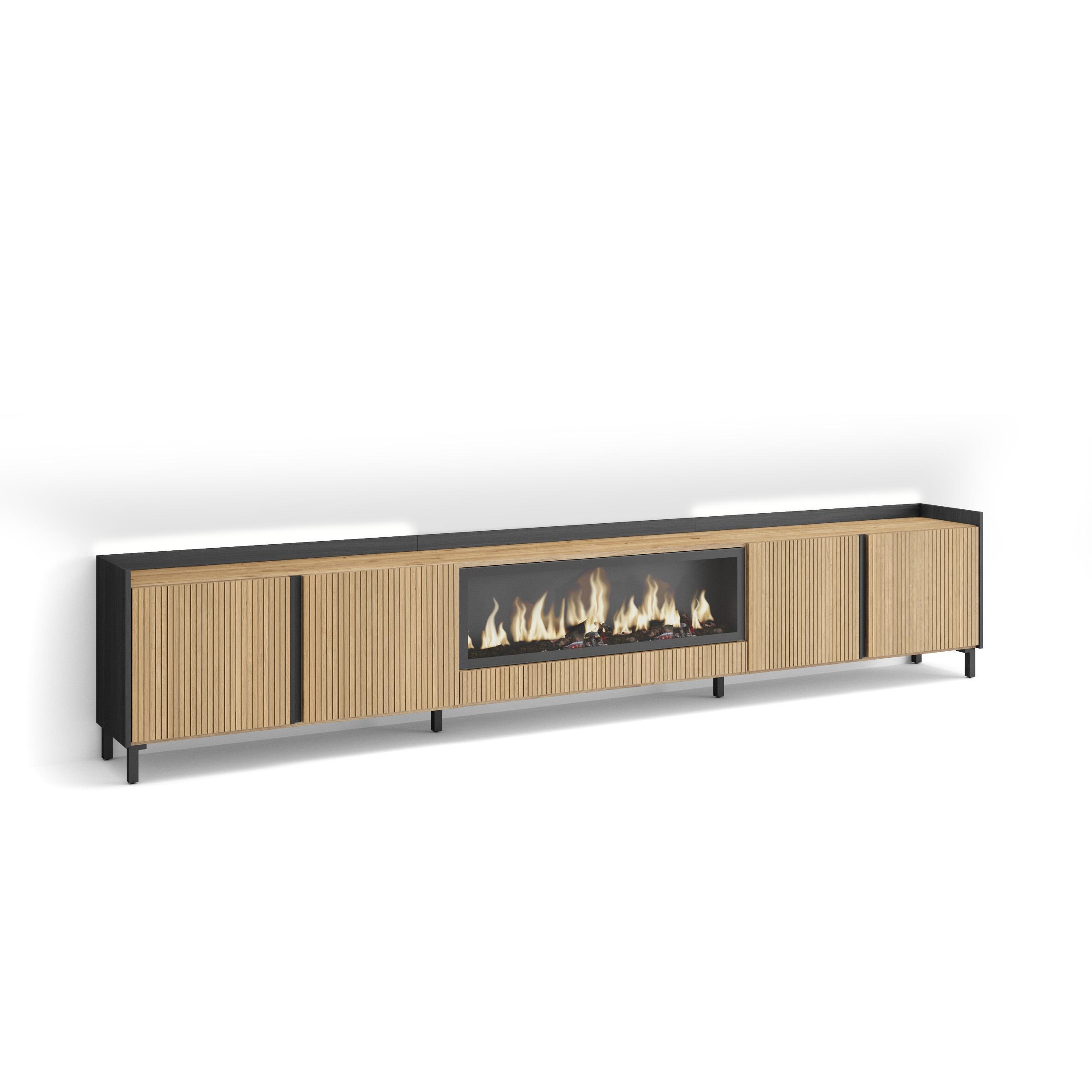 LOWBOARD, Eiche und Schwarz, 315/35/61cm, Elektrokamin XXL, Industriedesign, Led - Eichefarben, Holzwerkstoff (315/61/35cm) - Skraut Home