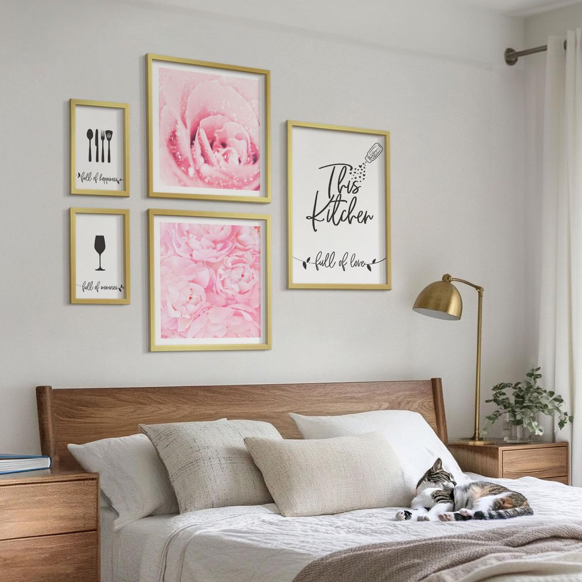 BILDER SET 5er Set - 50x50 cm & 20x30 cm & 40x60 cm Goldrahmen - Zen-Gemälde, Wassersteine, Buddha - Goldfarben, Kunststoff (40/60cm) - TULUP