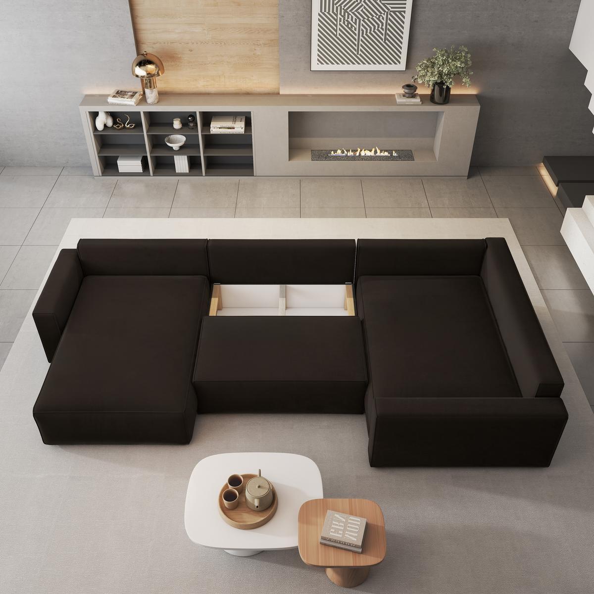 WOHNLANDSCHAFT VELAMI R-S Braun Velours-Stoff mit Schlaffunktion - Braun, Holz (365/83/194cm) - MASSENO