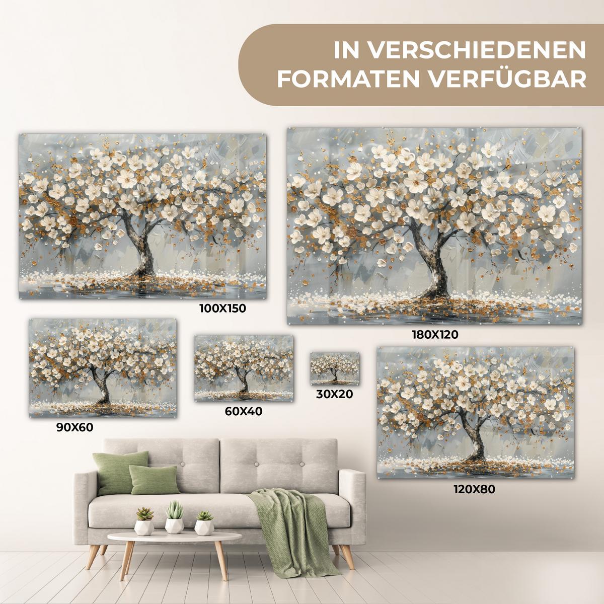 ACRYLGLASBILD Baum - Blumen - Weiß - Natur - Kunst Wandbild Schlafzimmer 120x80 cm - Weiß, Glas (120/80cm) - MuchoWow