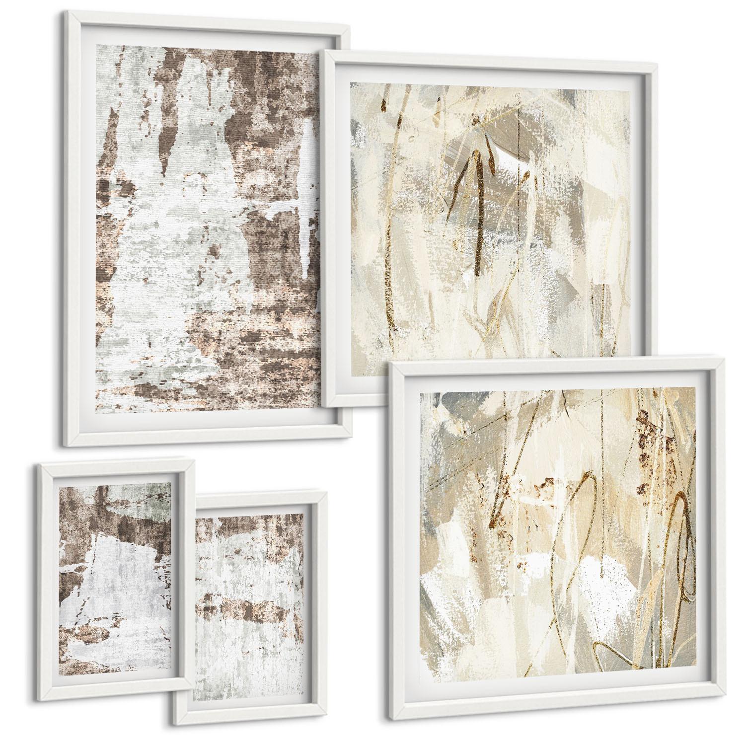 BILDER SET 5er Set - 50x50 cm & 20x30 cm & 40x60 cm Weißer Rahmen - Abstrakte Muster, weiß, braun - Weiß, Kunststoff (40/60cm) - TULUP
