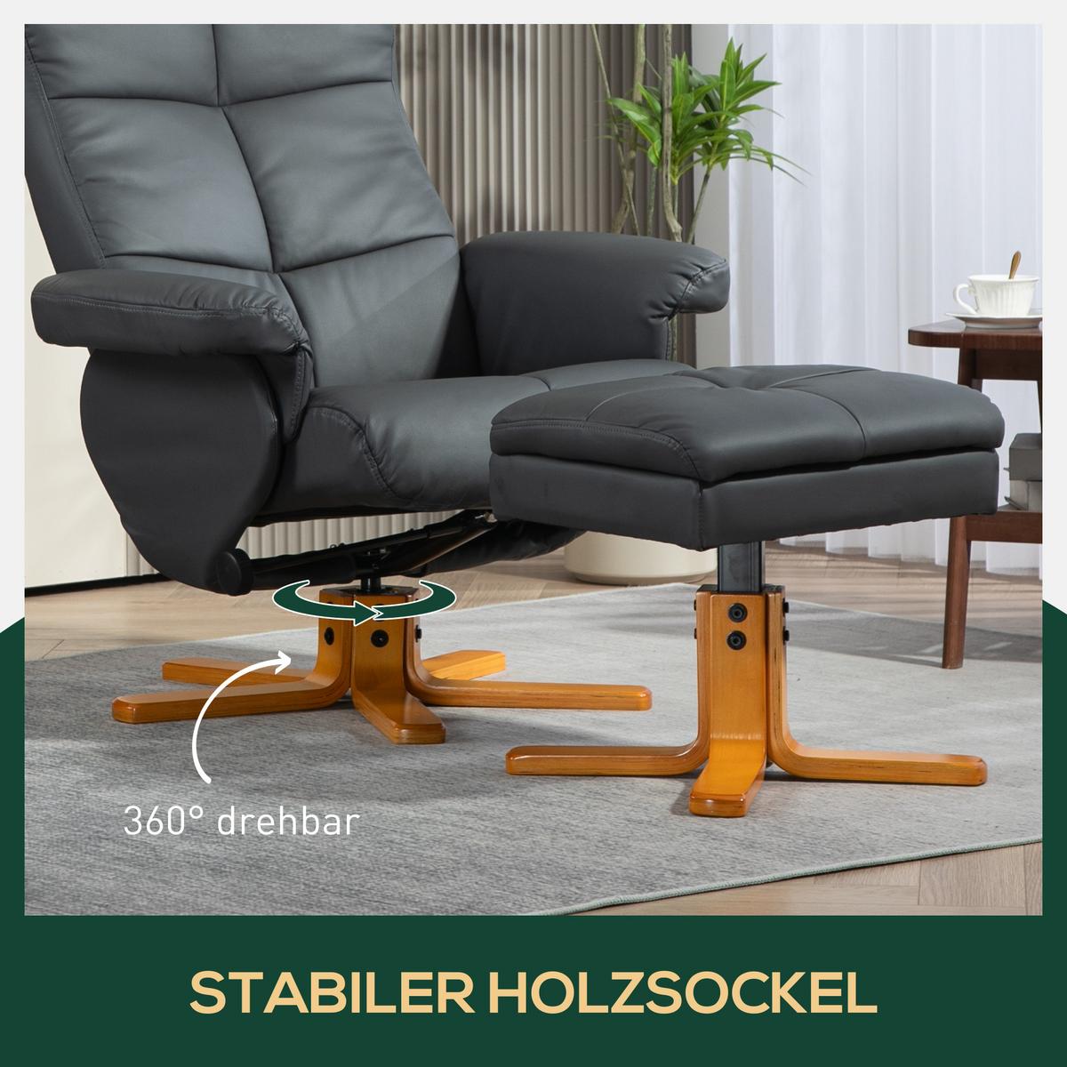 RELAXSESSEL mit Hocker, Stauraum, Fernsehsessel mit Liegefunktion, Dunkelgrau - Dunkelgrau/Braun, Holz (86/99/80cm) - HOMCOM
