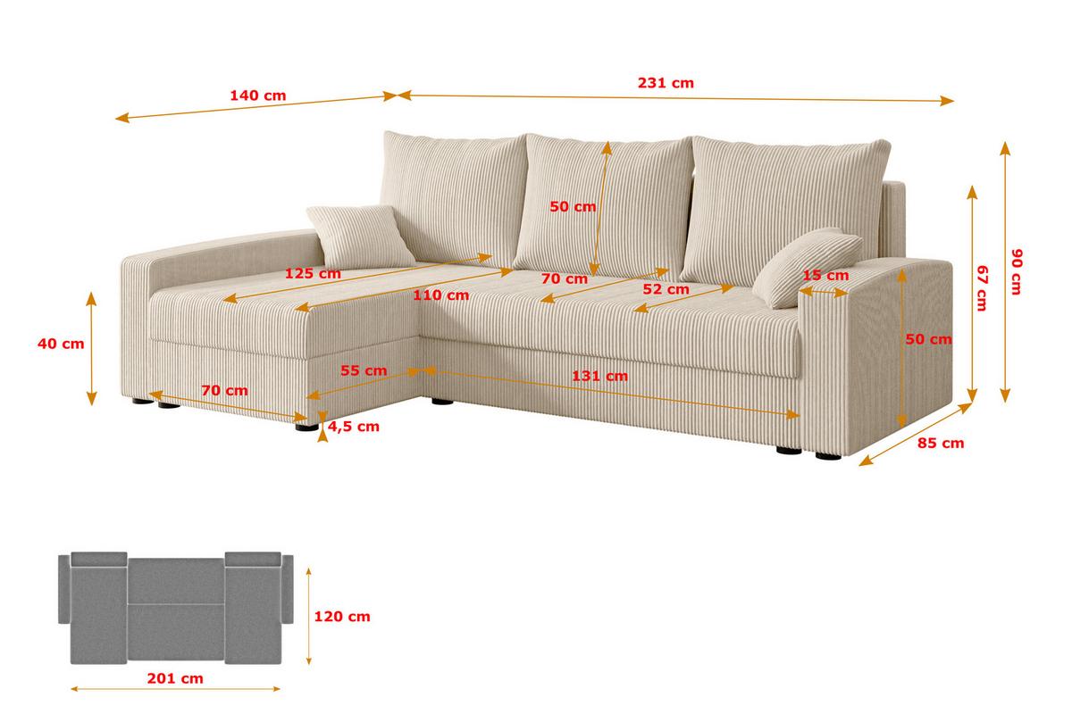 ECKSOFA mit Schlaffunktion und Bettkasten ALESIA-L 231x140x90 cm Beige Cord - Beige/Silberfarben, Holzwerkstoff/Kunststoff (231/140cm) - ALTDECOR