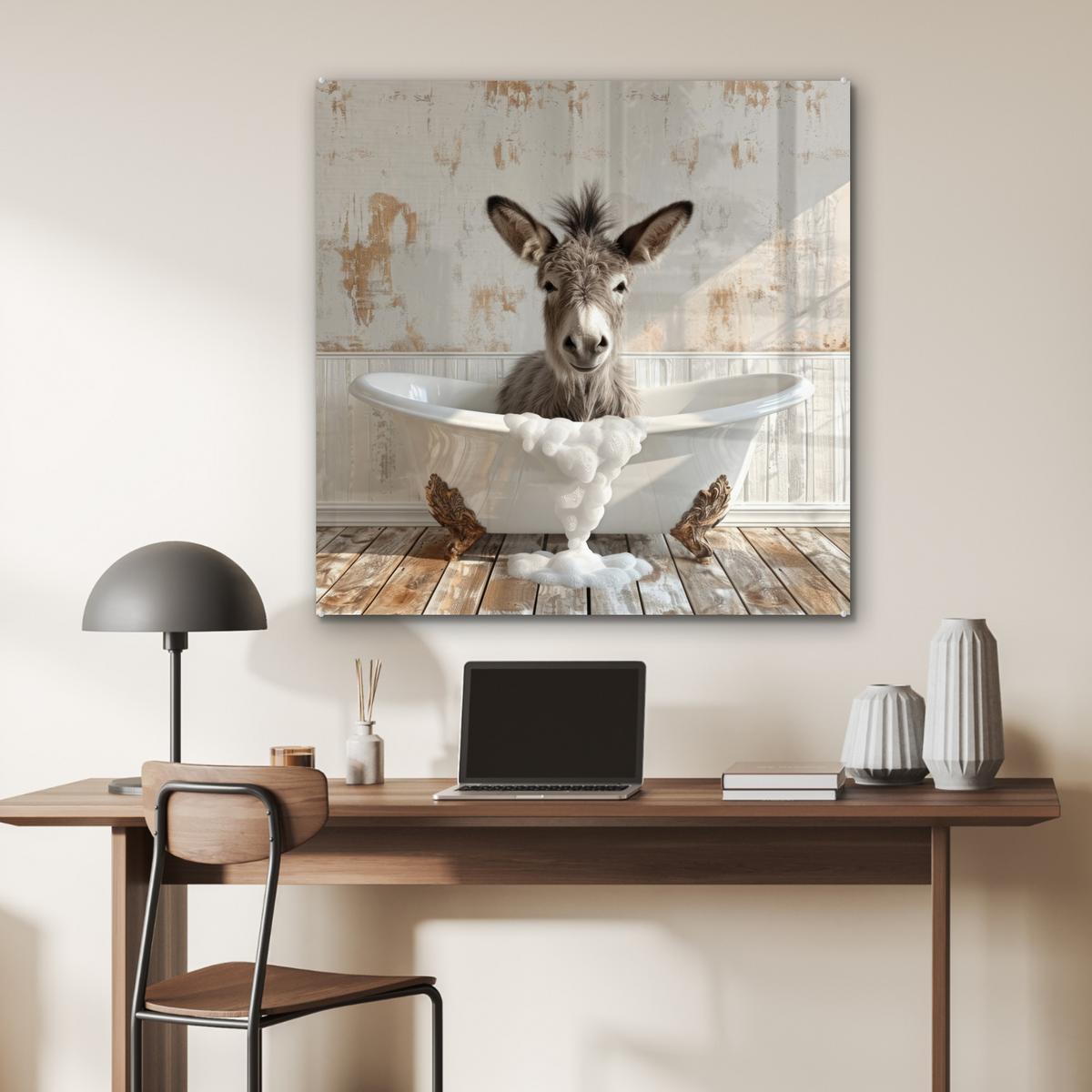 ACRYLGLASBILD Esel - Tiere - Badewanne - Schaumstoff 90x90 cm - Weiß, Glas (90/90cm) - MuchoWow