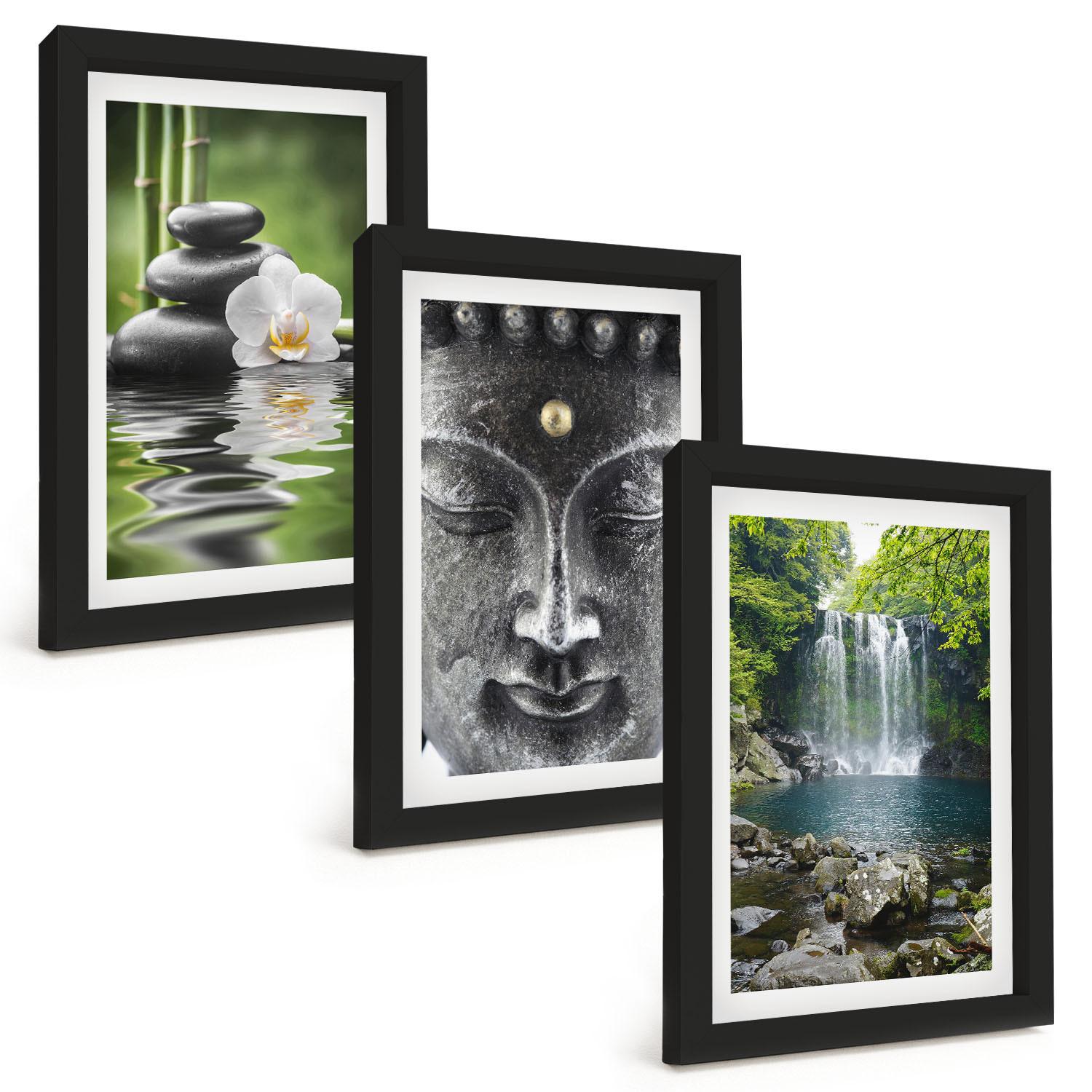 BILDER SET 3er Set - 20x30 cm Schwarzer Rahmen - Harmoniesteine Wasser Buddha - Schwarz, Kunststoff (20/30cm) - TULUP
