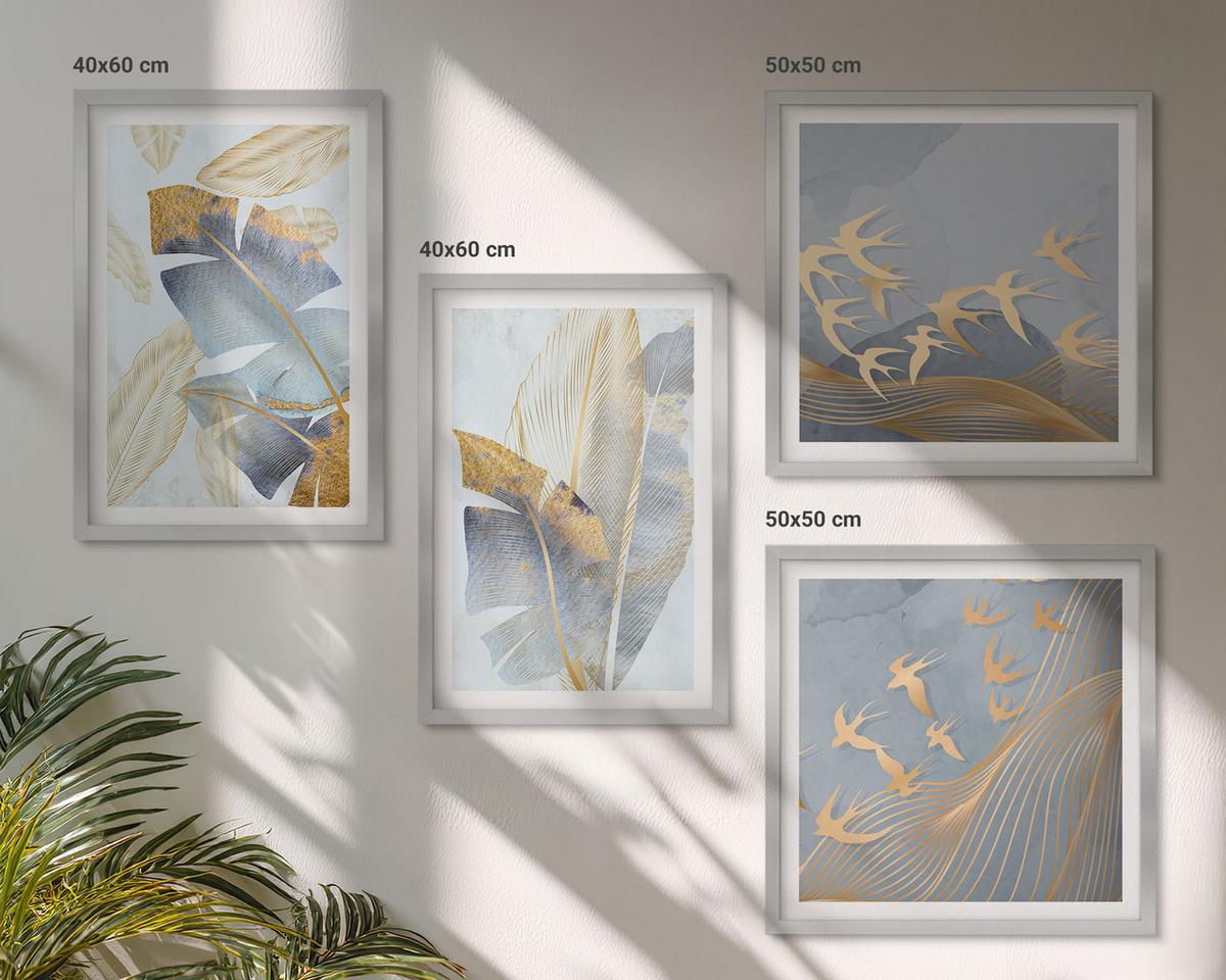 BILDER SET 4er Set - 50x50 cm & 40x60 cm Silberner Rahmen - Blaubeige Blätter im Hintergrund - Silberfarben, Kunststoff (50/50cm) - TULUP