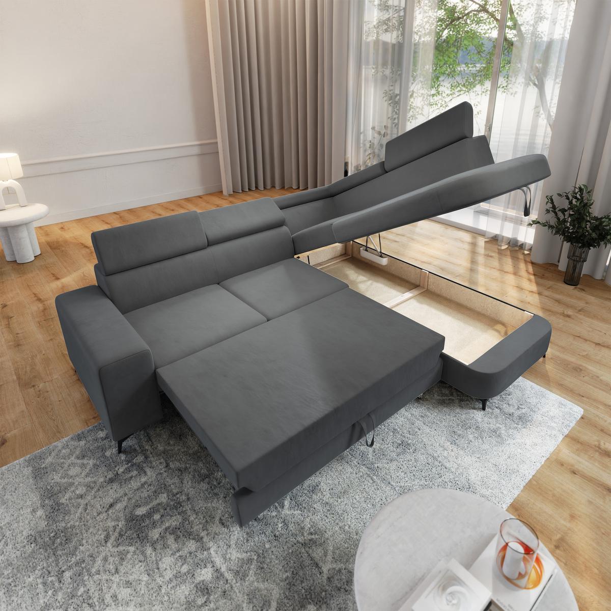 ECKSOFA ALVORO R-S Grau Velours-Stoff mit Schlaffunktion - Grau, Holz (253/190cm) - MASSENO