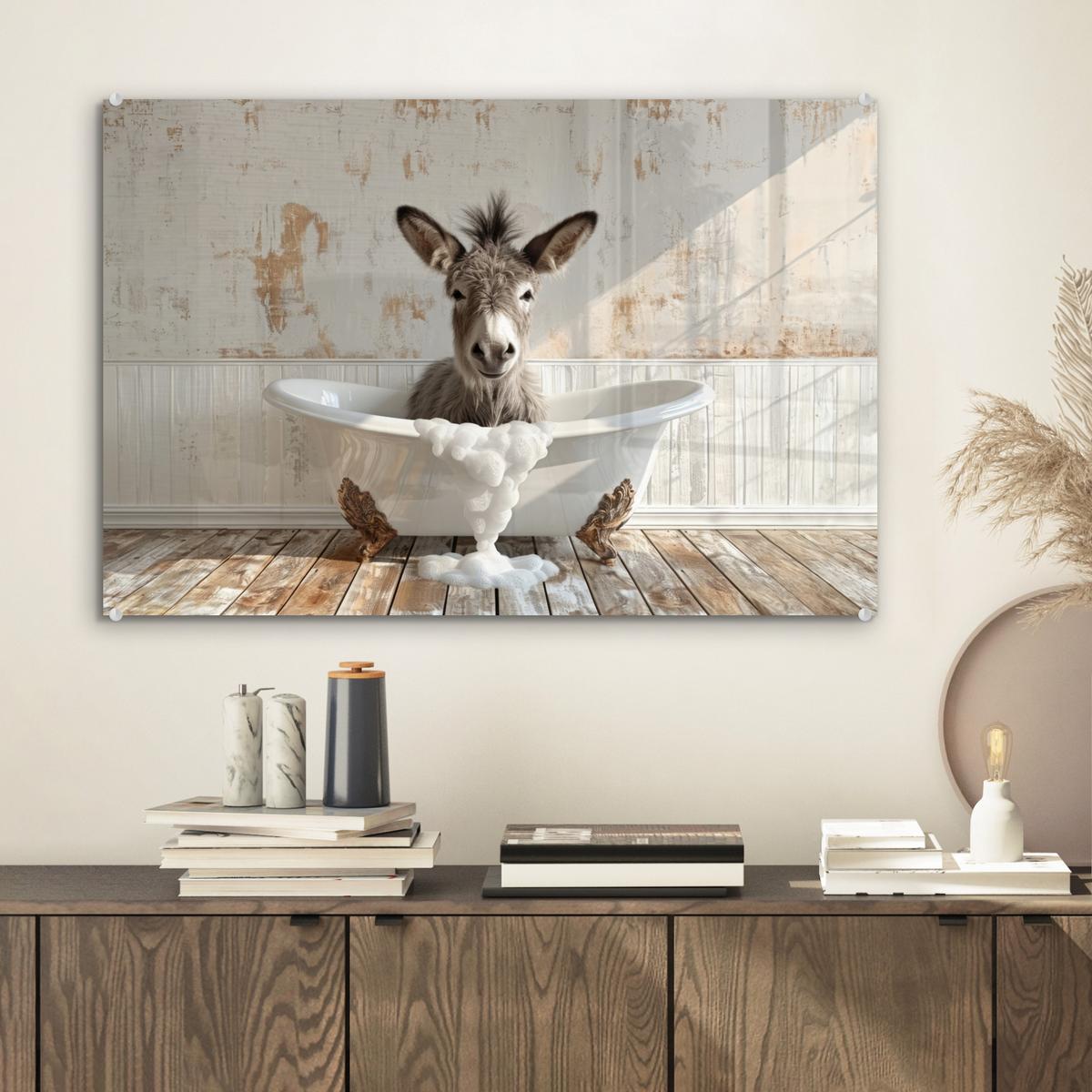 ACRYLGLASBILD Esel - Tiere - Badewanne - Schaumstoff Wanddeko 60x40 cm - Weiß, Glas (60/40cm) - MuchoWow