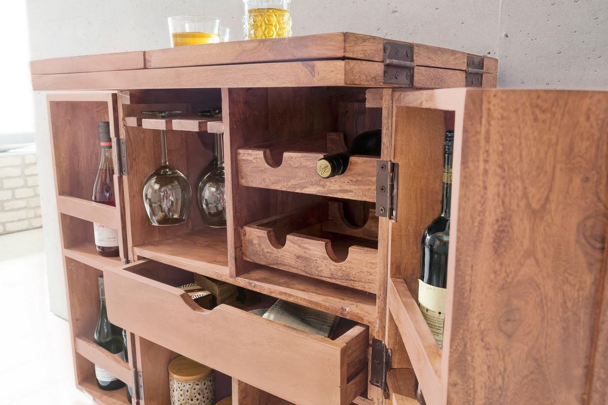 HAUSBAR aus Massivholz mit Klappfunktion und Stauraum für Flaschen und Gläser, Akazie 65x50x91 cm - Akaziefarben, Holz (65/91/50cm) - KADIMA DESIGN