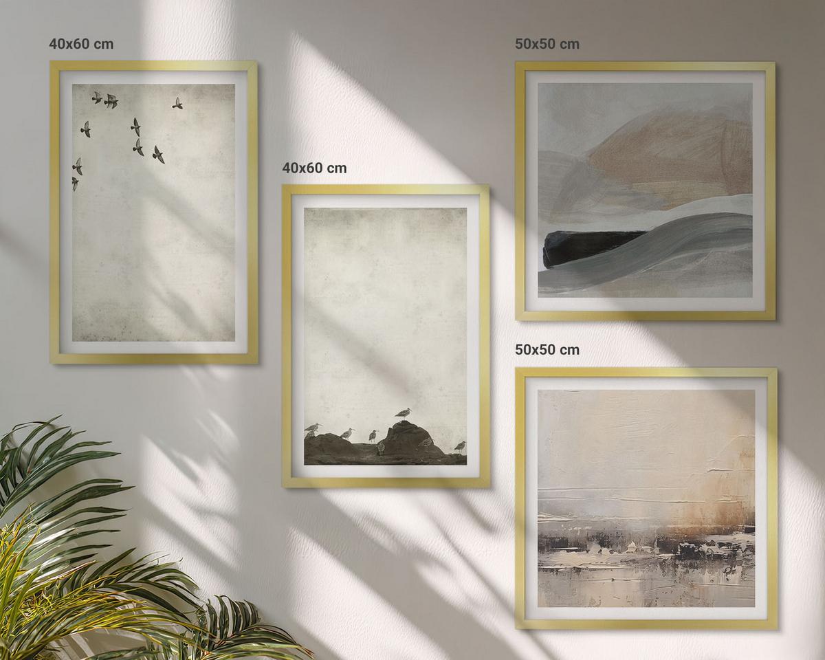 BILDER SET 4er Set - 50x50 cm & 40x60 cm Goldrahmen - Vögel, Steine, Pinselstriche, Verzierungen - Goldfarben, Kunststoff (50/50cm) - TULUP