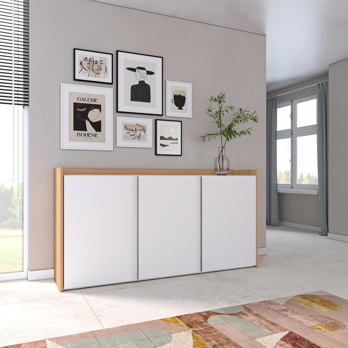SIDEBOARD, Weiß und Eiche, 156/35/80cm - Weiß, Holzwerkstoff (156/80/35cm) - Skraut Home