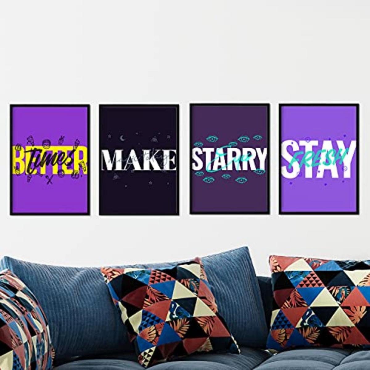 POSTER Set mit 4 lila Etikettendesign und Motivationsnachrichten A3 Schwarzer Rahmen - Schwarz, Papier (29.7/3cm) - Nacnic