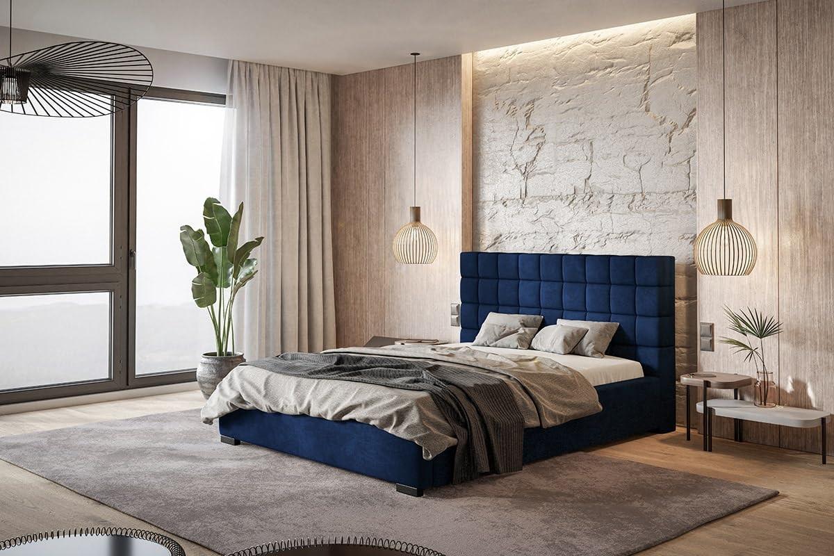POLSTERBETT Porto mit Kopfteil, 140x200 cm, Doppelbett mit Bettkasten und Lattenrost aus Holz, Velourstoff Dunkelblau - Dunkelblau, Holz/Textil (140/200cm) - Alpi-Möbel