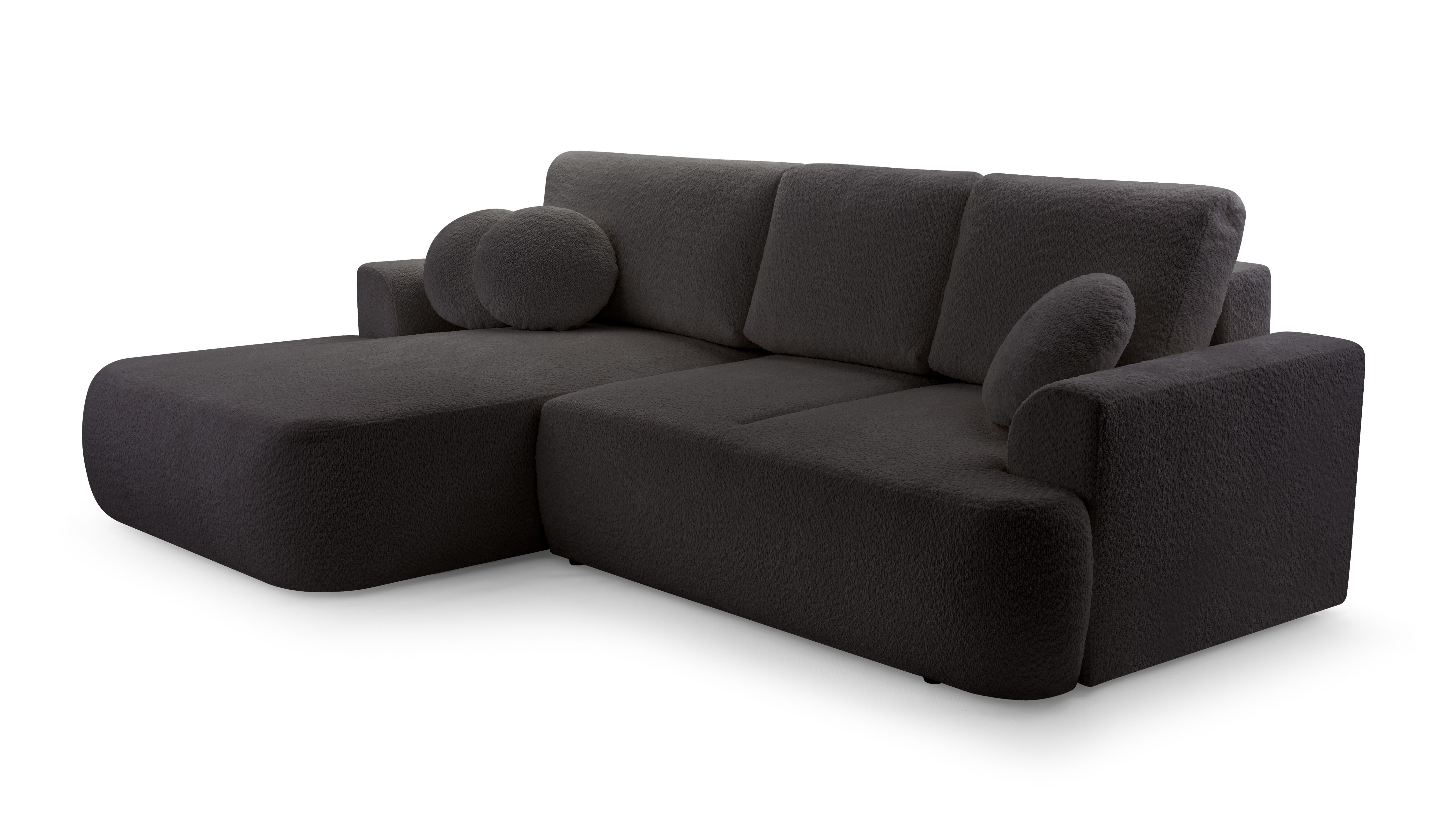 ECKSOFA FILO Schwarz Boucle-Stoff mit Schlaffunktion - Schwarz, Holz (260/168cm) - MASSENO
