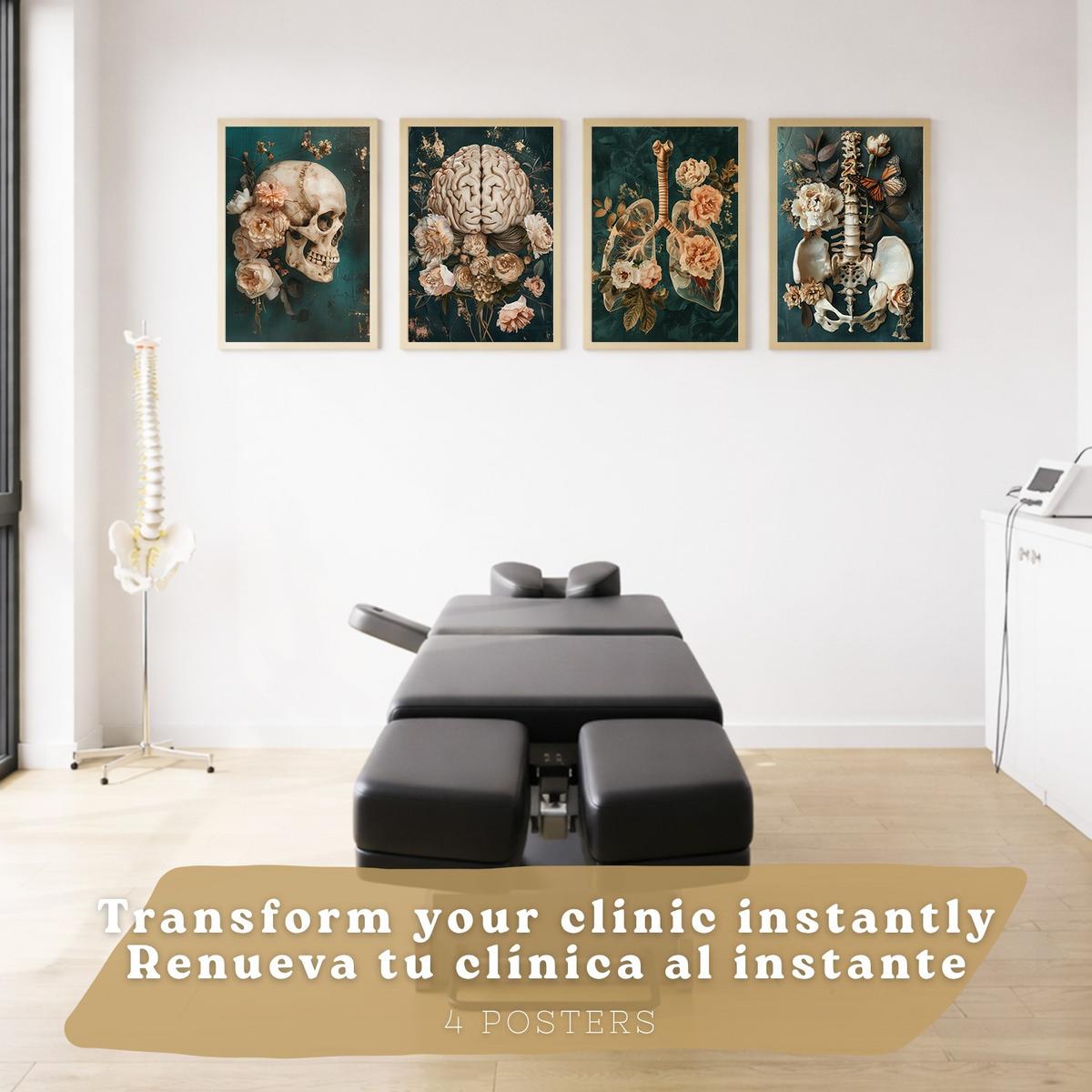 POSTER Set aus 4 Anatomie Mensch Drucke und mit Schädel Gehirn Lungen Luftröhre Bronchien Becken Wirbelsäule Florales Größe Leichter Holzrahmen A4 - Beige, Papier (21/29.7/3cm) - Nacnic