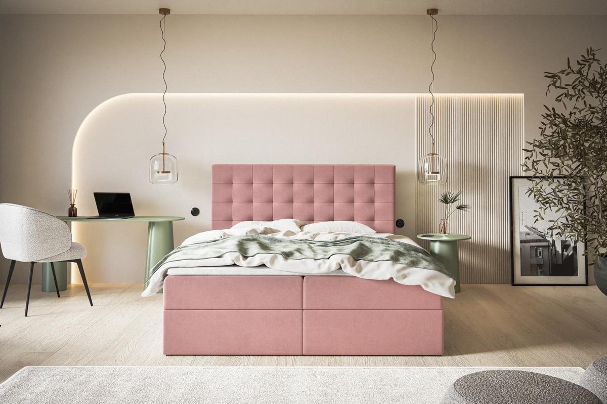 BOXBETT RIO mit 2 Bettkästen, 140x200, Farbe: Rosa, Velourstoff, Doppelbett mit Bonell-Matratze - Rosa, Holz/Kunststoff (140/200cm) - Alpi-Möbel