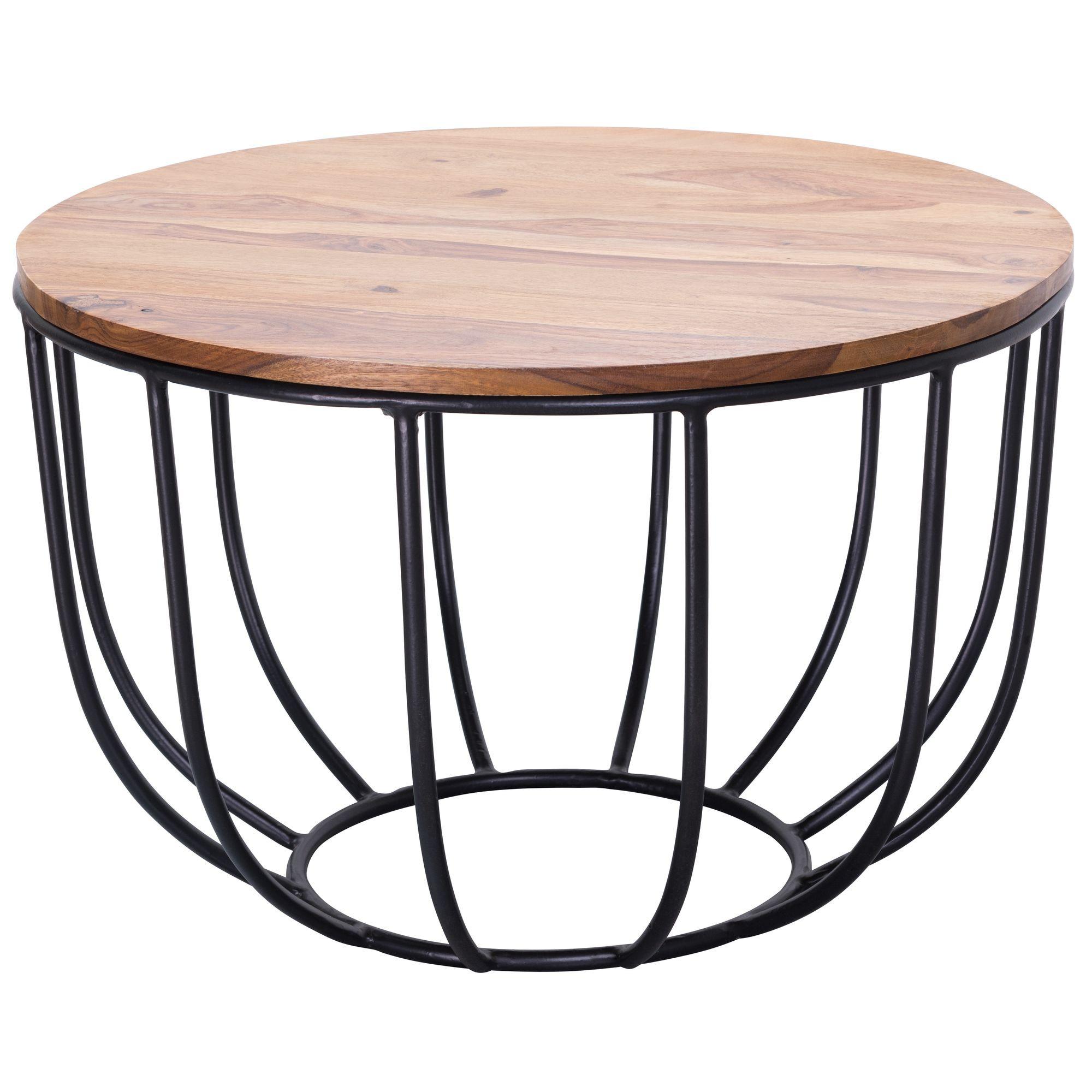 COUCHTISCH in Industrial-Stil, Sheesham Massivholz, Metallgestell, Korbdesign, Rustikal - Schwarz/Braun, Holz/Metall (60/60/39cm) - KADIMA DESIGN