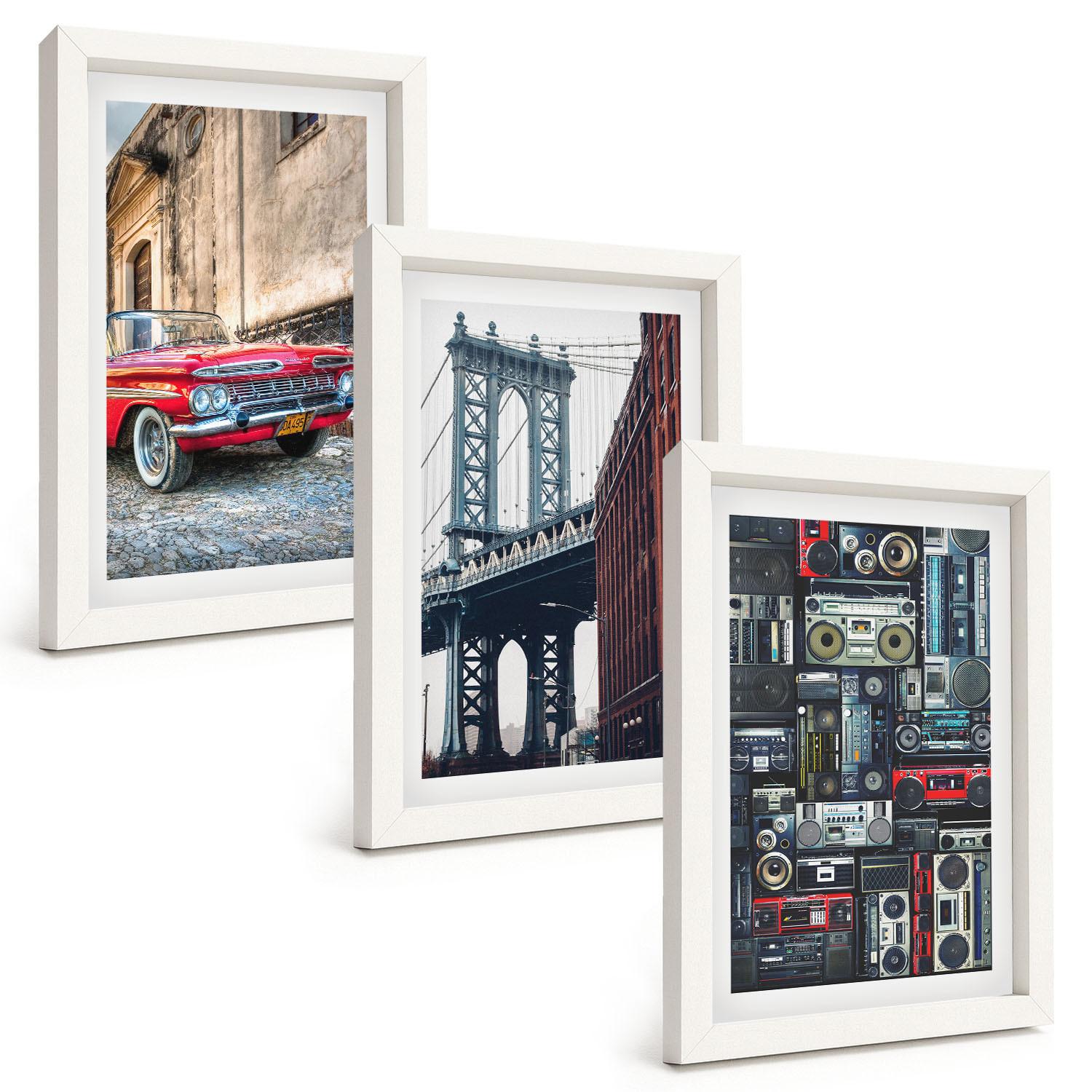 BILDER SET 3er Set - 20x30 cm Weißer Rahmen - Alte Autobrücke Brooklyn Retro-Audio - Weiß, Kunststoff (20/30cm) - TULUP