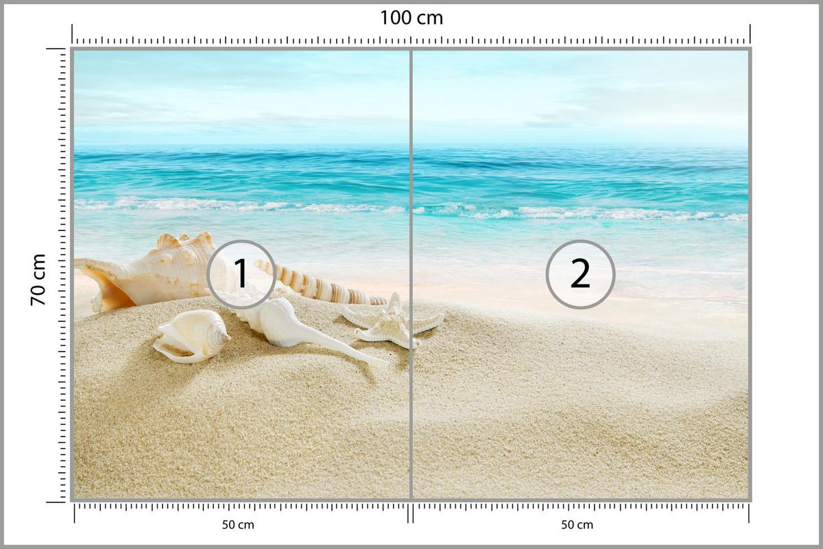 FOTOTAPETE für Badezimmer Muscheln Strand Sand Wellen Meer 100x70 - Beige/Weiß, Papier (100/70cm) - Muralo
