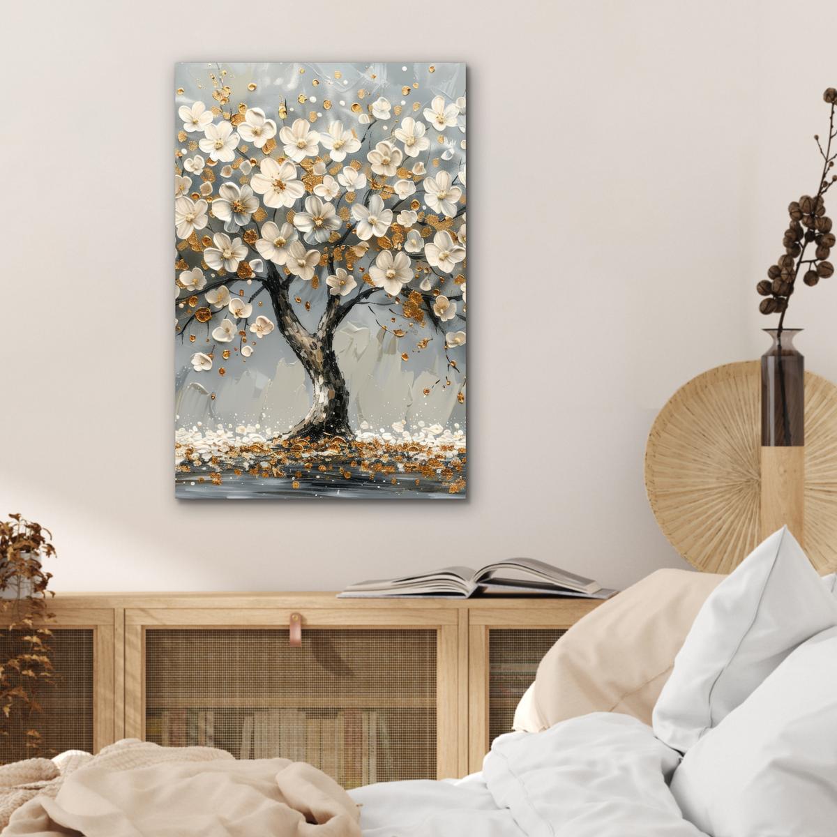 METALLBILD Baum - Blumen - Weiß - Natur - Kunst Deko Schlafzimmer 40x60 cm - Weiß, Metall (40/60cm) - MuchoWow