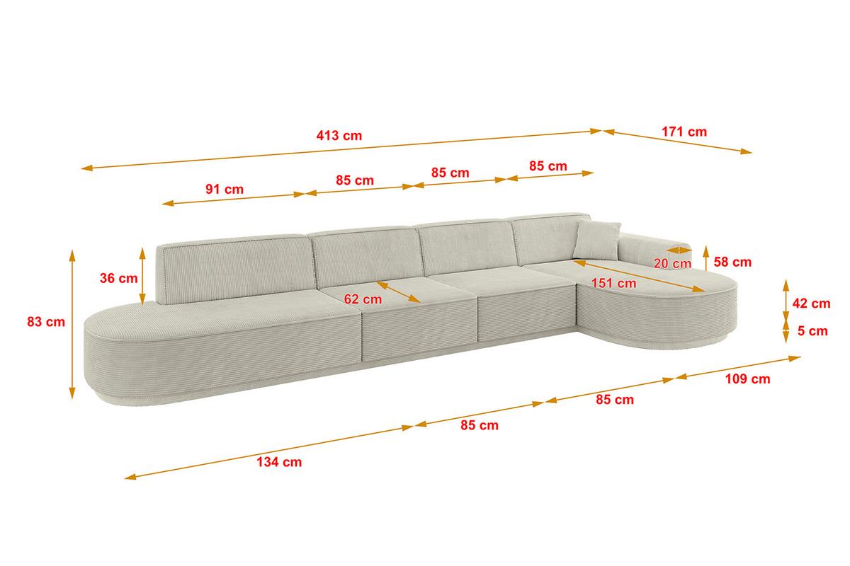 ECKSOFA Ottomane Rechts MARI-L3-v3 - 413x171x83 cm Creme Cord - Hellgrau/Creme, Holzwerkstoff/Kunststoff (171/413cm) - ALTDECOR