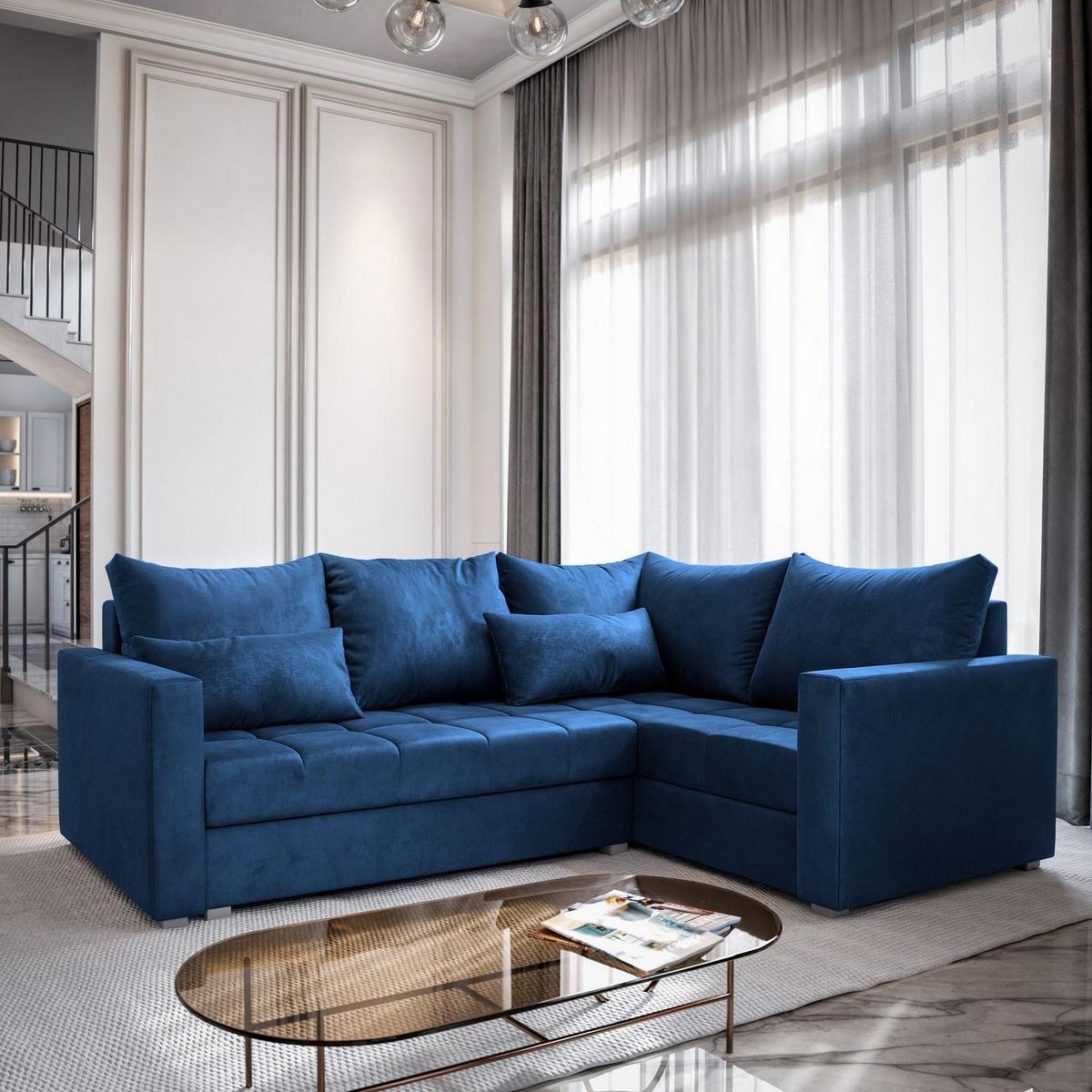 ECKSOFA LIRENO R-S Blau Plüsch-Stoff mit Schlaffunktion - Blau/Grau, Holz/Kunststoff (220/153cm) - MASSENO
