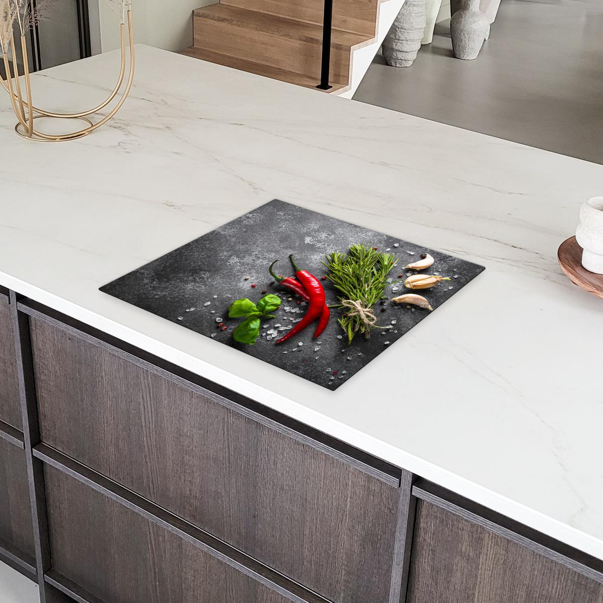 HERDABDECKPLATTE Pfeffer - Kräuter - Gewürze - Beton Ceranfeldabdeckung 59x52 cm - Rot, Kunststoff (59/52/0.2cm) - MuchoWow