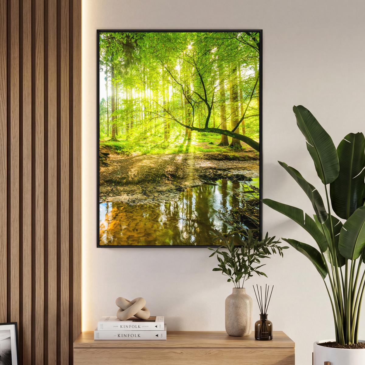 LEINWAND Bilder mit Rahmen - Wald - Landschaft - Wasser - Bäume - Sonne - Grün - Natur - 70x100 - Grün, Textil (70/100cm) - MuchoWow