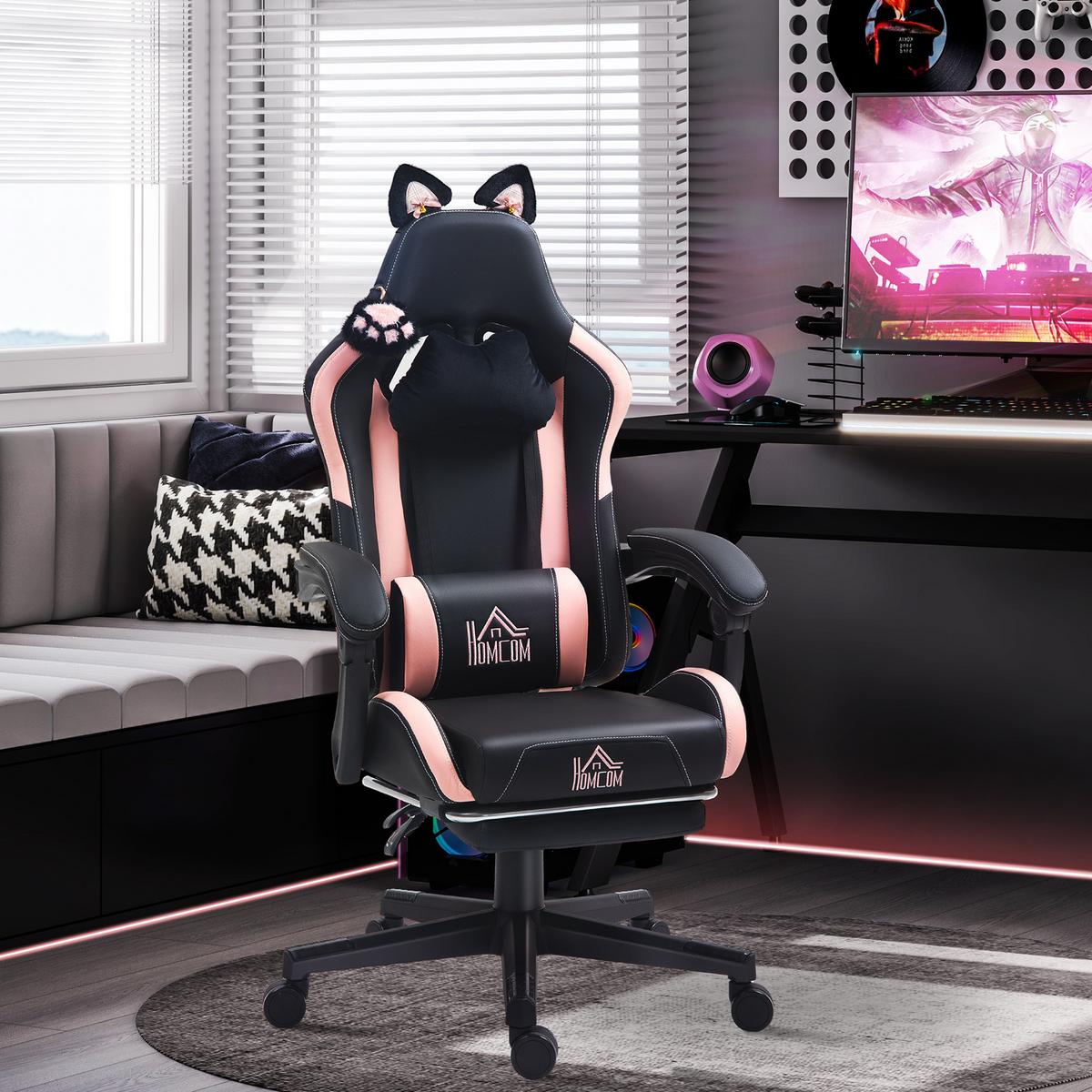 GAMINGSTUHL mit Lendenkissen Rosa, Schwarz - Schwarz, Kunststoff (62/124/65cm) - HOMCOM