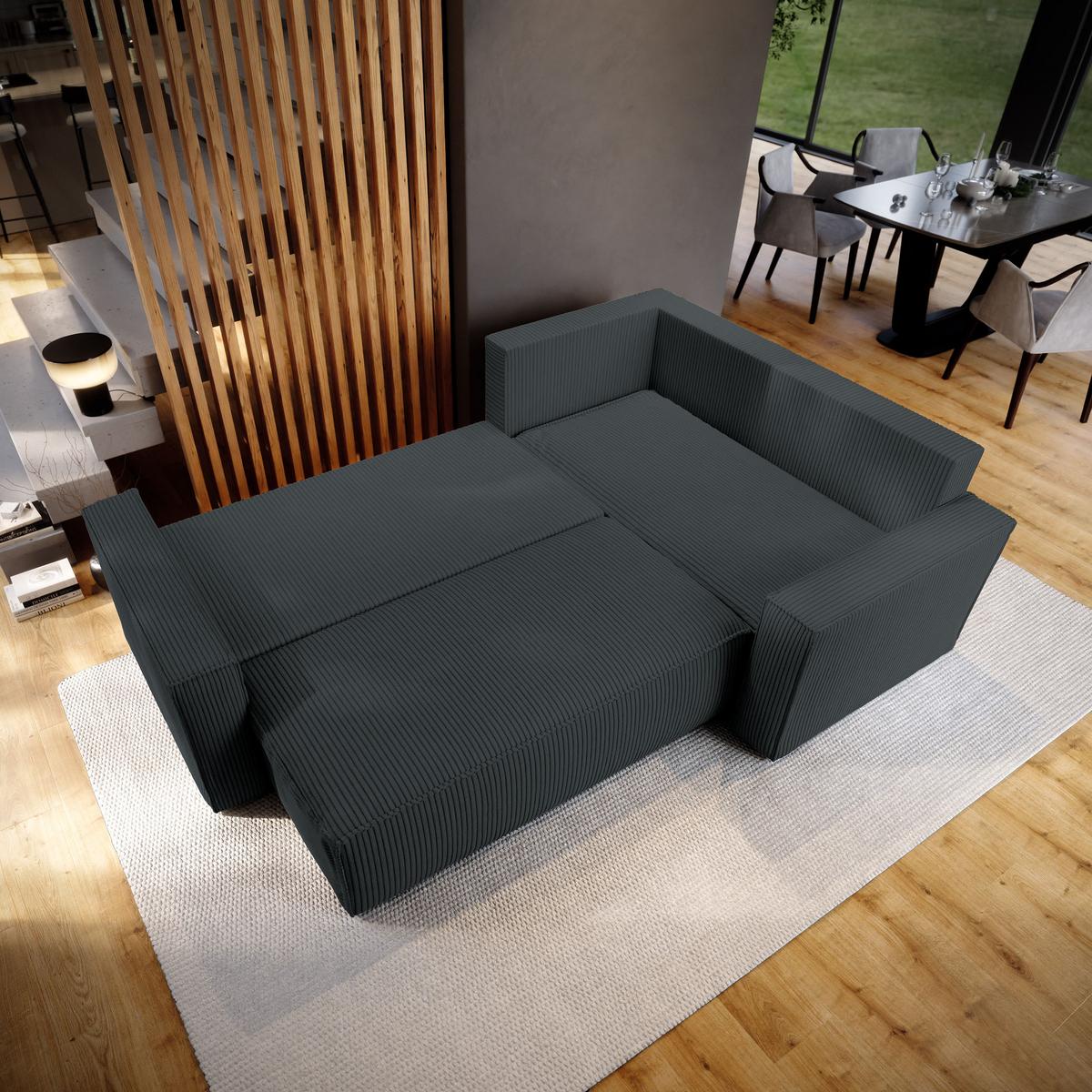 ECKSOFA ESTANO R-S Graphitfarben Kordstoff mit Schlaffunktion - Graphitfarben, Holz (230/158cm) - MASSENO
