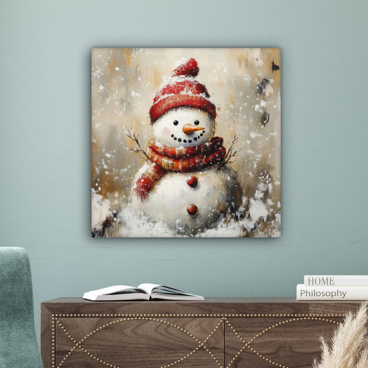 LEINWANDBILD Schneemann - Winter - Schnee - Beige Wandbild Wohnzimmer 50x50 cm - Weiß, Textil (50/50cm) - MuchoWow