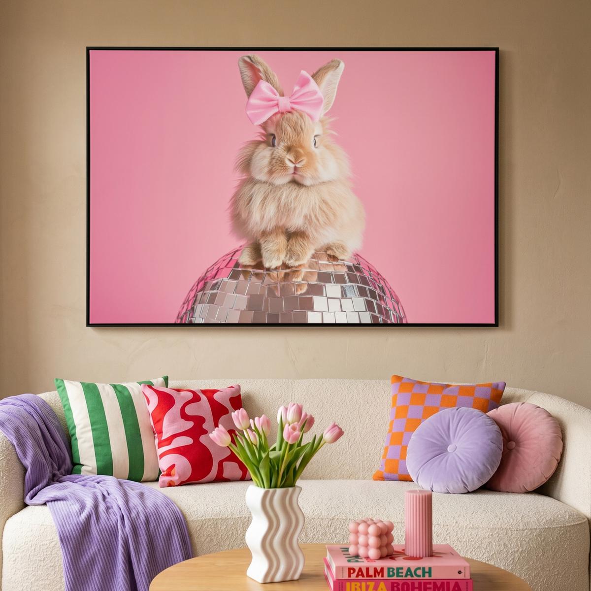 LEINWAND Bilder mit Rahmen - Schleife - Discoball - Kaninchen - 150x100 - Pink, Textil (150/100cm) - MuchoWow