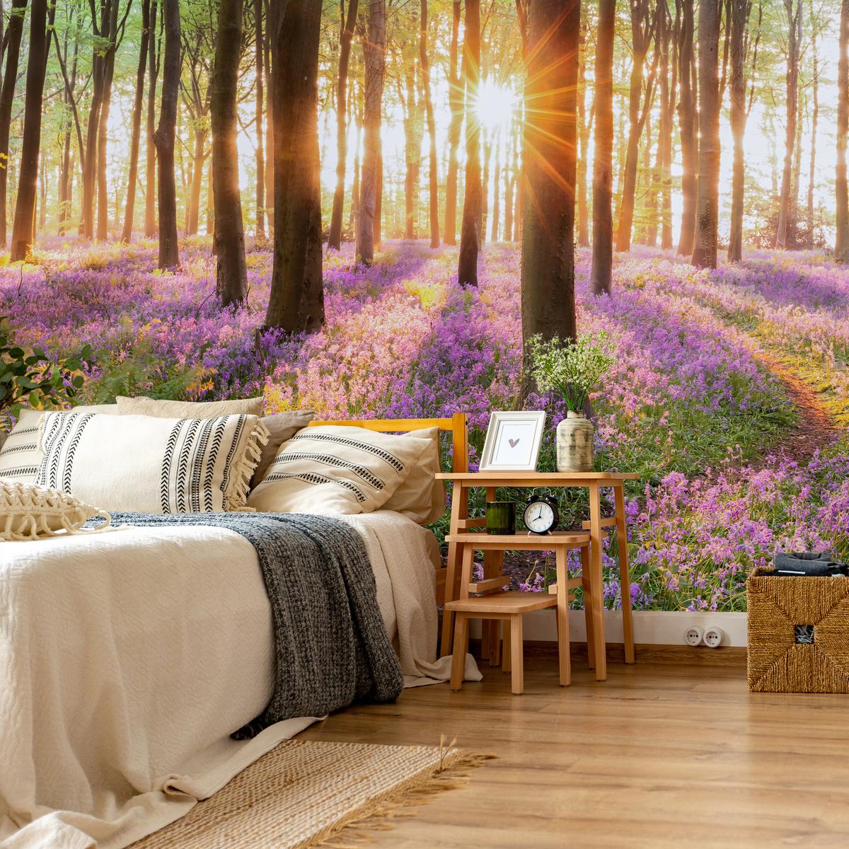 FOTOTAPETE Wald Blumen Sonnenaufgang Landschaft 3D 350x256 - Gelb/Beige, Papier (350/256cm) - Muralo