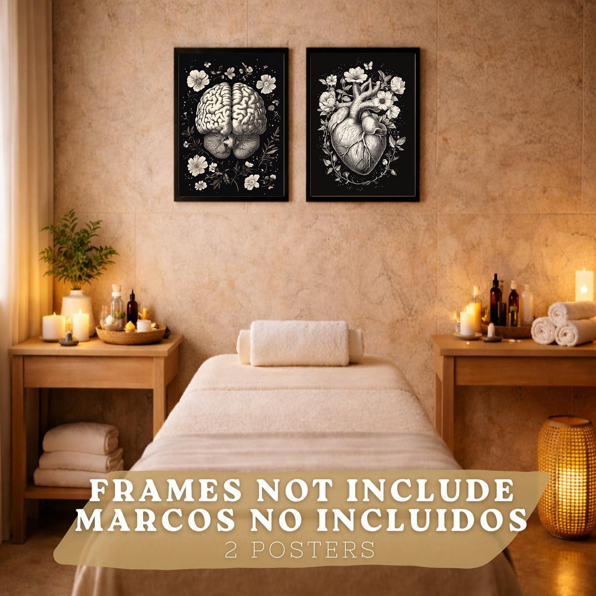 POSTER Set aus 2 Anatomie Mensch Drucke und Wandbilder mit Gehirn und Herz Monochromes Florales Design Schwarzer Hintergrund Größe Rahmenlos A3 - Klar, Papier (29.7/42/3cm) - Nacnic