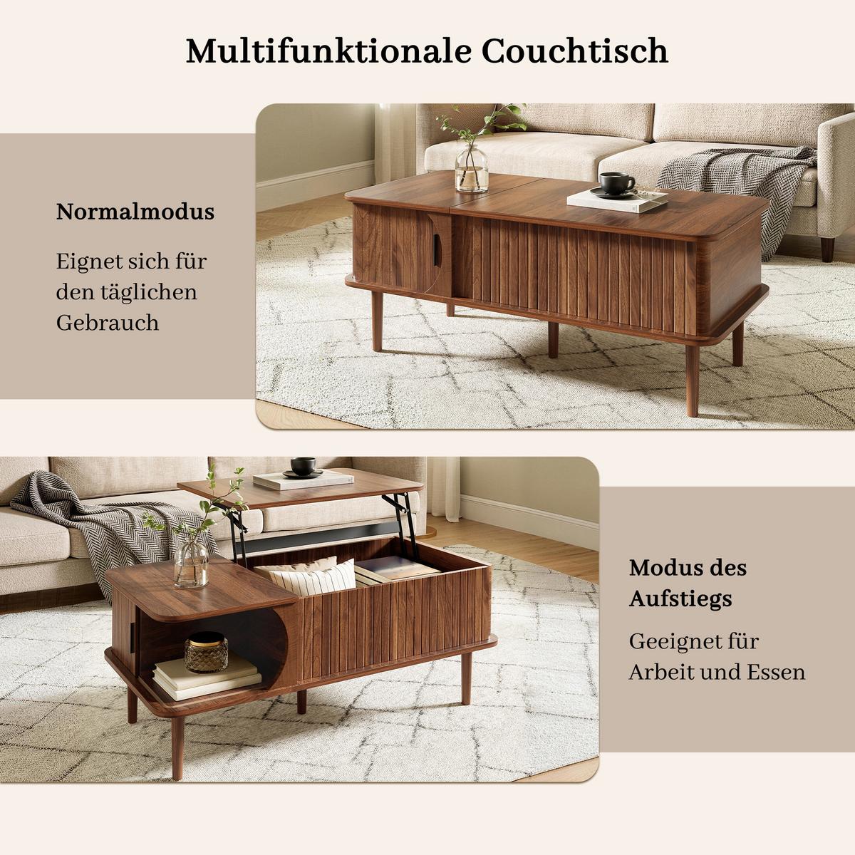 COUCHTISCH walnuss-optik & vertikale rillen mit lift-funktion & schiebetür - Walnussfarben, Holzwerkstoff (48/100/55.5cm) - Urban Meuble