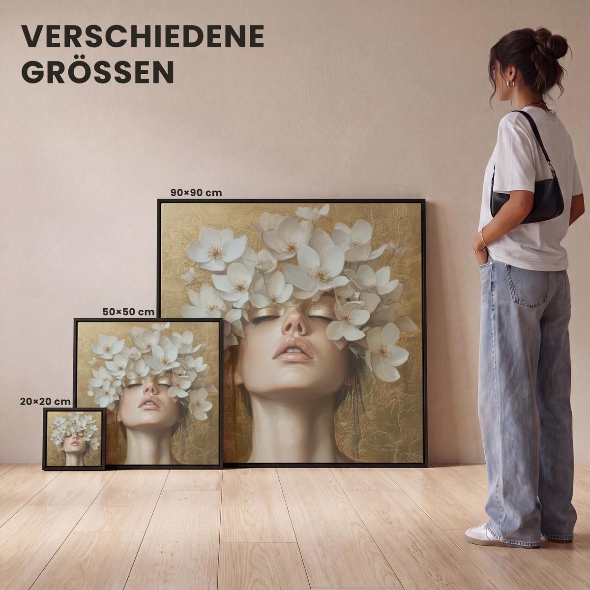LEINWAND Bilder mit Rahmen - Gesicht - Blumen - Gold - Abstrakt - 20x20 - Goldfarben, Textil (20/20cm) - MuchoWow