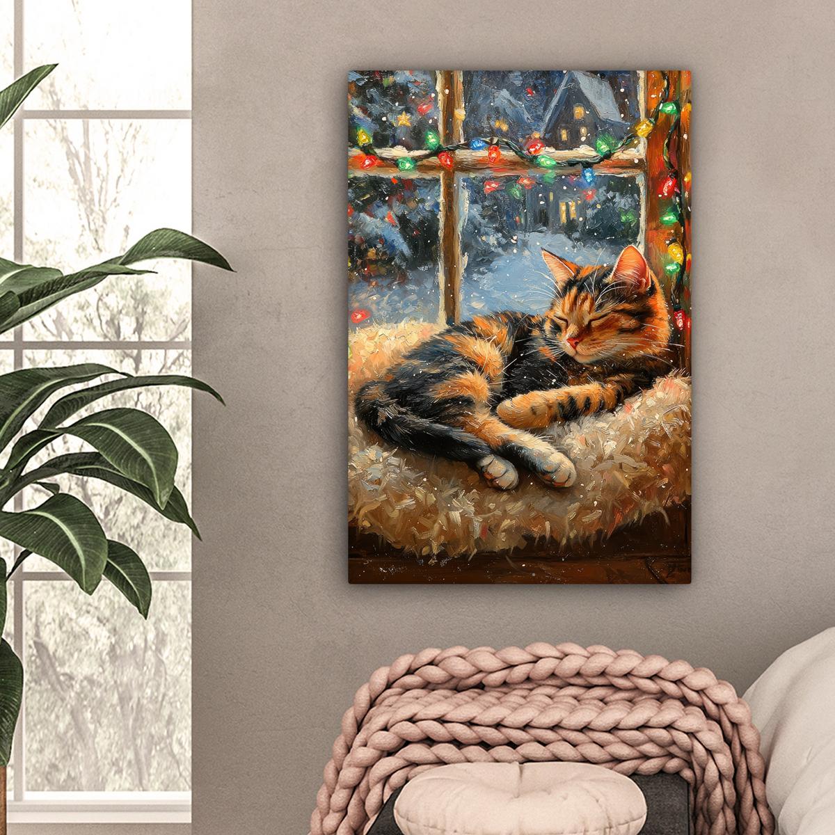 LEINWANDBILD Katze - Weihnachten - Winter - Tier Wanddeko Schlafzimmer 60x90 cm - Bernsteinfarben, Textil (60/90cm) - MuchoWow