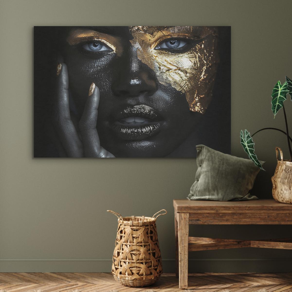 AKUSTIKBILD Frau - Gold - Porträt - Schwarz-Weiß - Luxus Wandbild Wohnzimmer 100x70 cm - Hellblau, Kunststoff (100/70/0.9cm) - MuchoWow