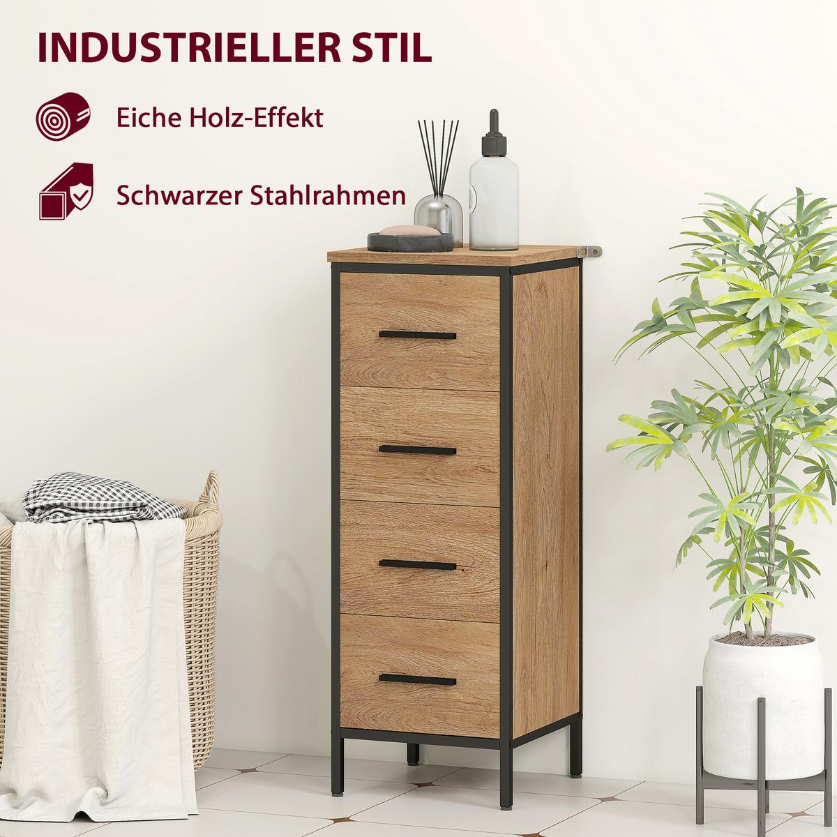 BADSCHRANK MDF Stahl Eiche - Eichefarben/Schwarz, Holzwerkstoff/Metall (30/82/30cm) - HOMCOM