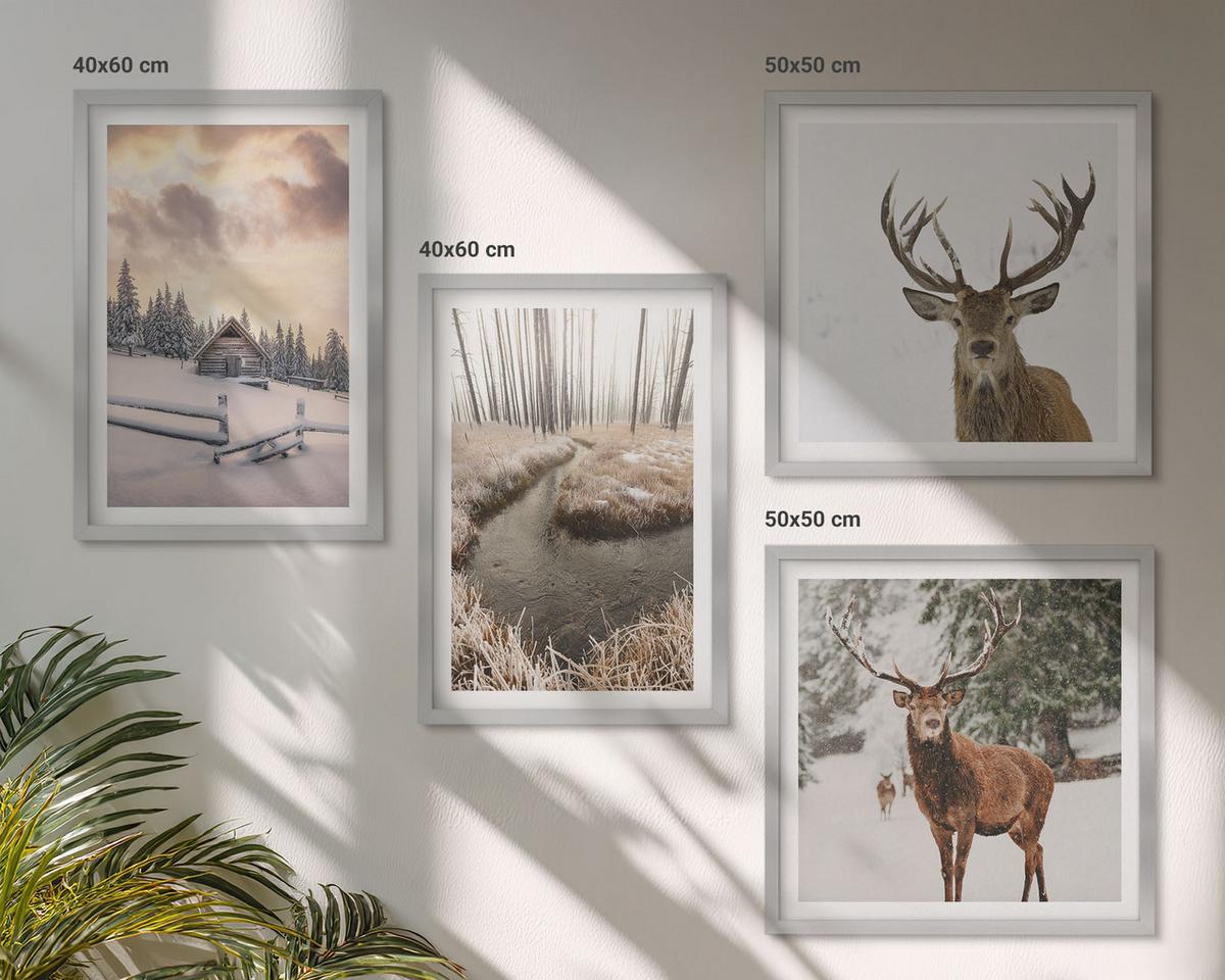 BILDER SET 4er Set - 50x50 cm & 40x60 cm Silberner Rahmen - Winterlandschaft mit Hirschen - Silberfarben, Kunststoff (50/50cm) - TULUP