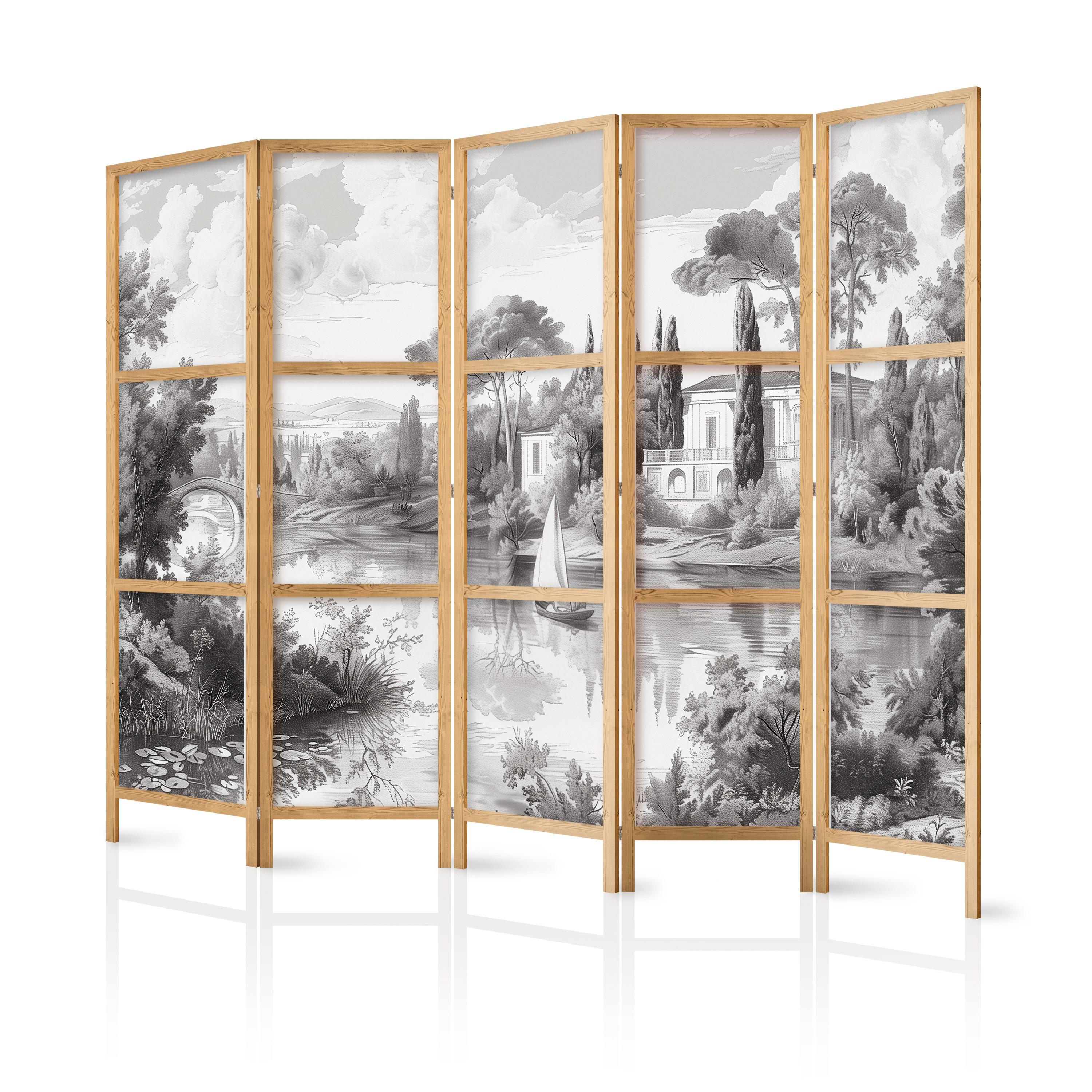 PARAVENT Japanischer 5-tlg 225x172 cm Schwarz-Wei e Landschaft - Grau, Holz/Textil (225/172/3cm) - Muralo