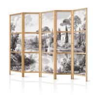 PARAVENT Japanischer 5-tlg 225x172 cm Schwarz-Wei e Landschaft - Grau, Holz/Textil (225/172/3cm) - Muralo