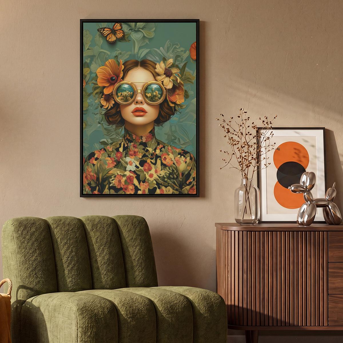 LEINWAND Bilder mit Rahmen - Frau - Blumen - Schmetterlinge - Natur - Vintage - 60x90 - Salbeigrün, Textil (60/90cm) - MuchoWow