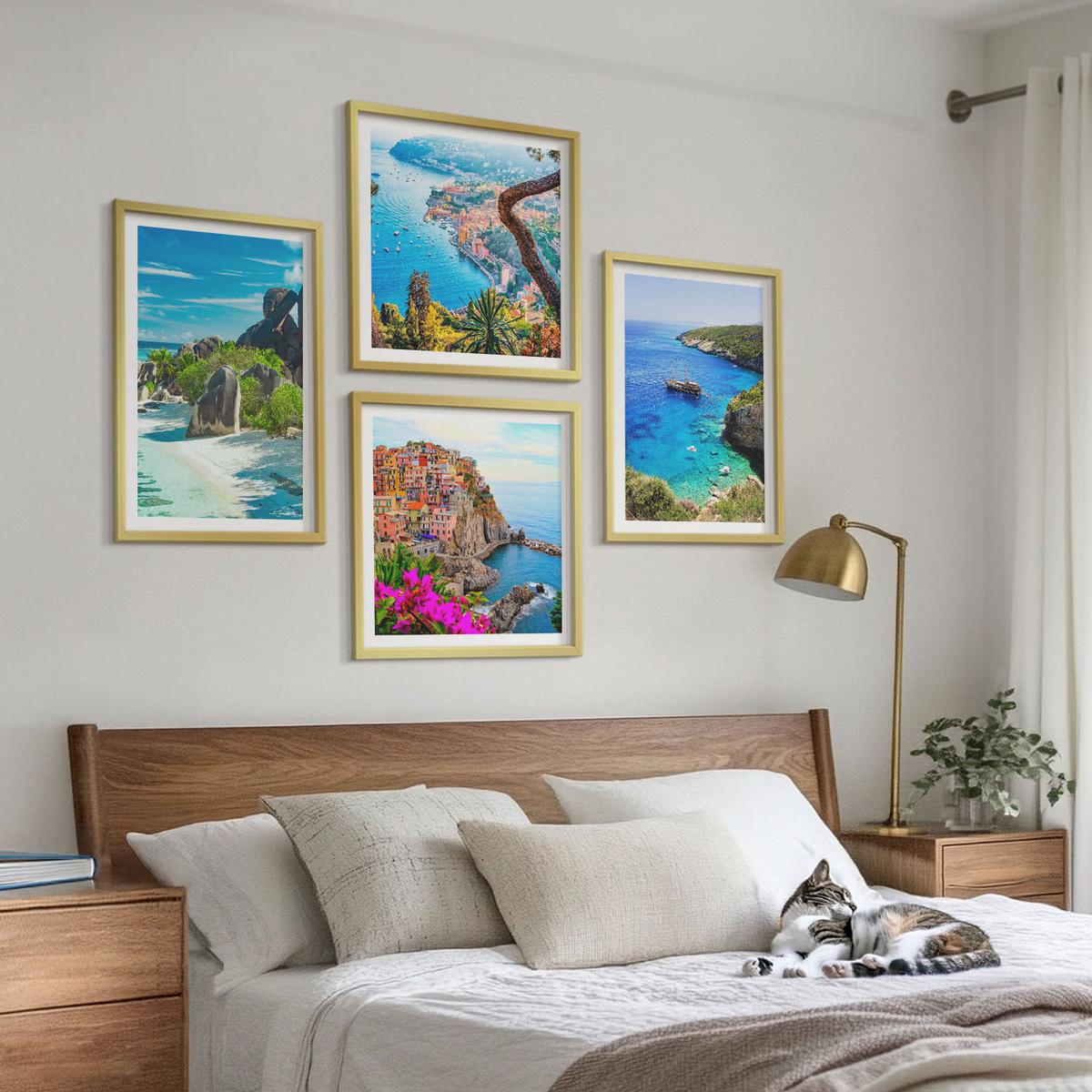 BILDER SET 4er Set - 50x50 cm & 40x60 cm Goldrahmen - Palmen am Meer, blaues Wasser - Goldfarben, Kunststoff (50/50cm) - TULUP