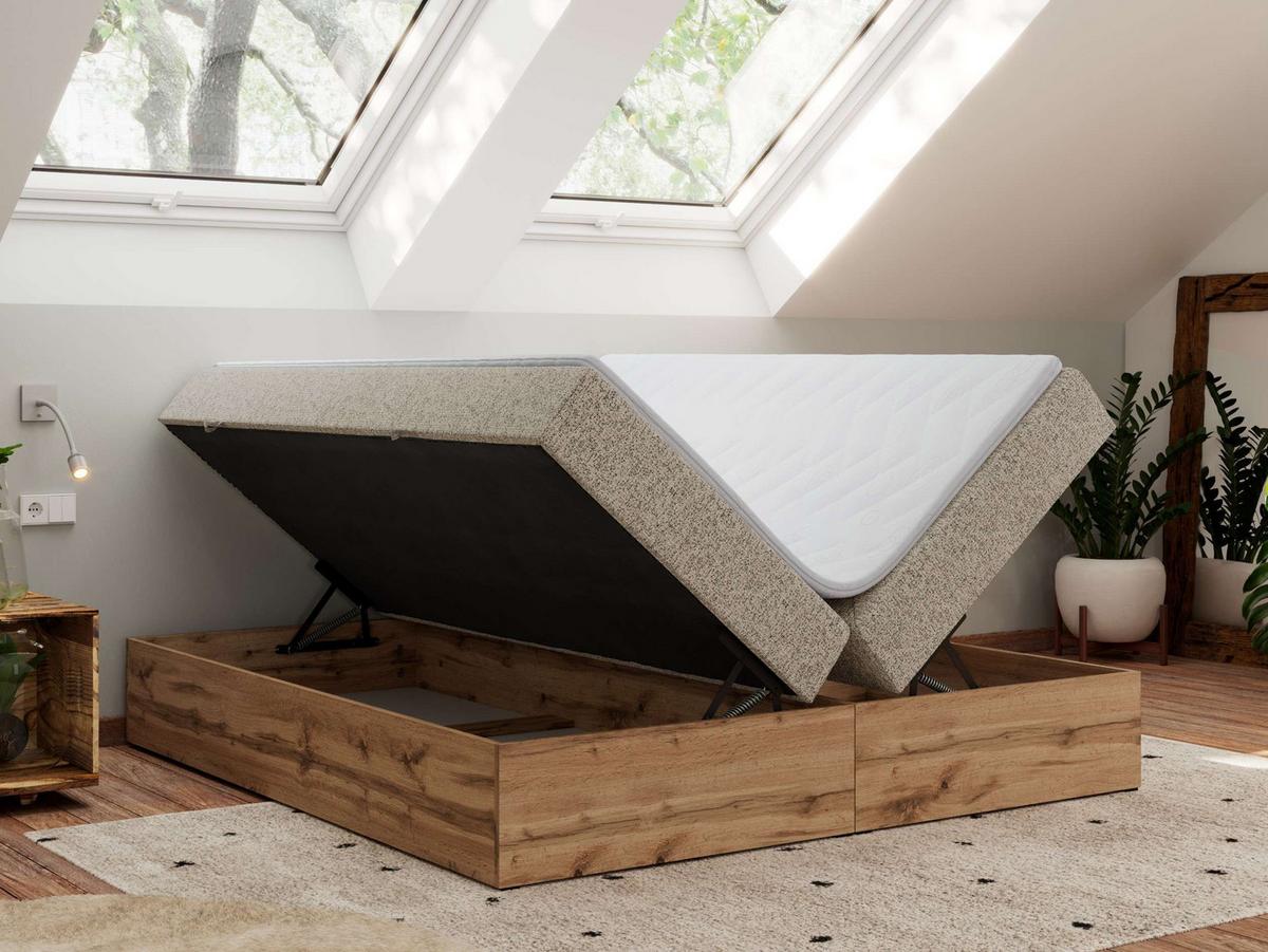 BOXBETT WOOD ZERO 160/200 - Dunkelbeige Struktur - H4 - Topper T25 - Cappuccino, Textil (160/200cm) - MKS