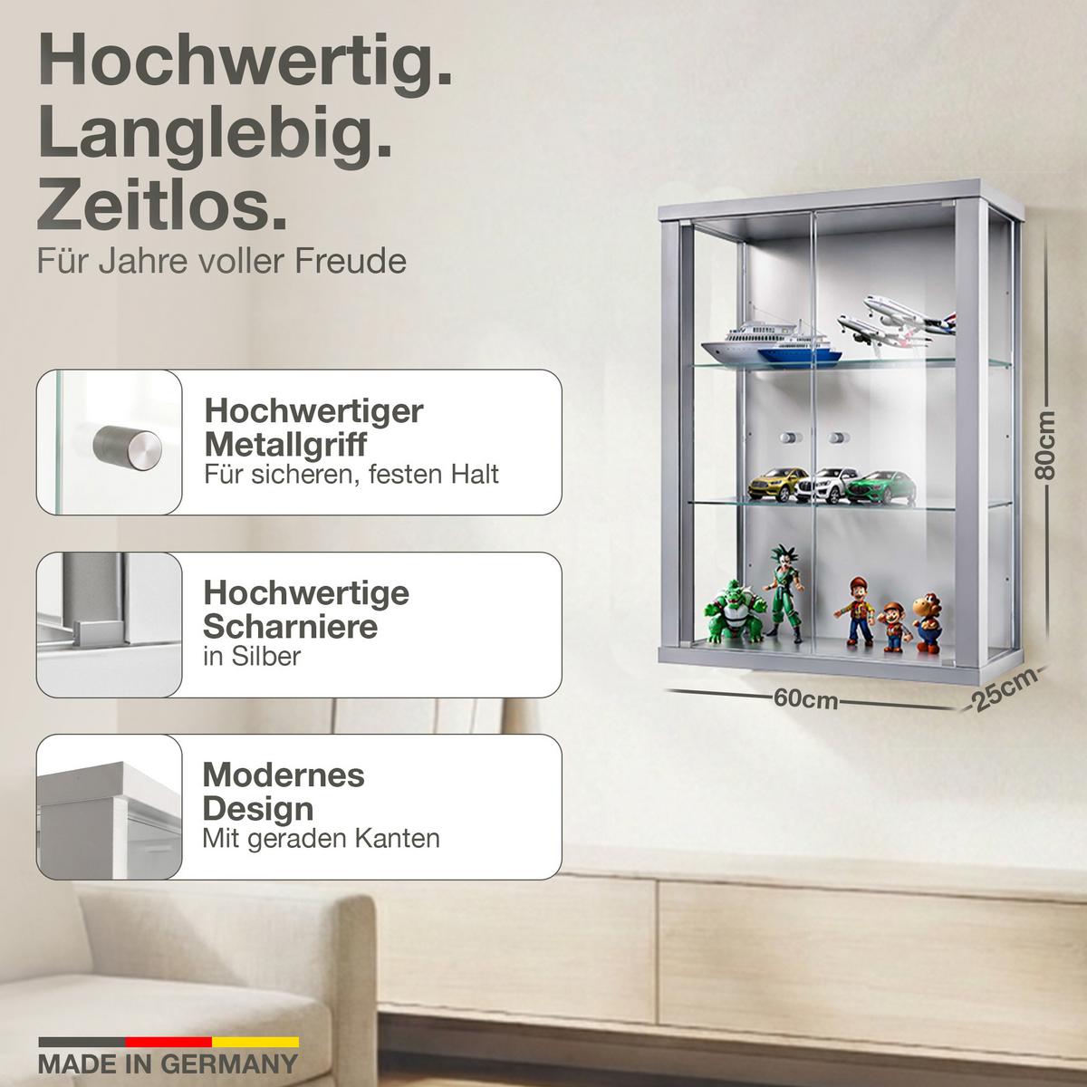 HÄNGEVITRINE 25/60/80 cm mit 2 höhenverstellbaren Glasböden - Transparent/Silberfarben, Glas/Holzwerkstoff (60/80/25cm) - K-Möbel