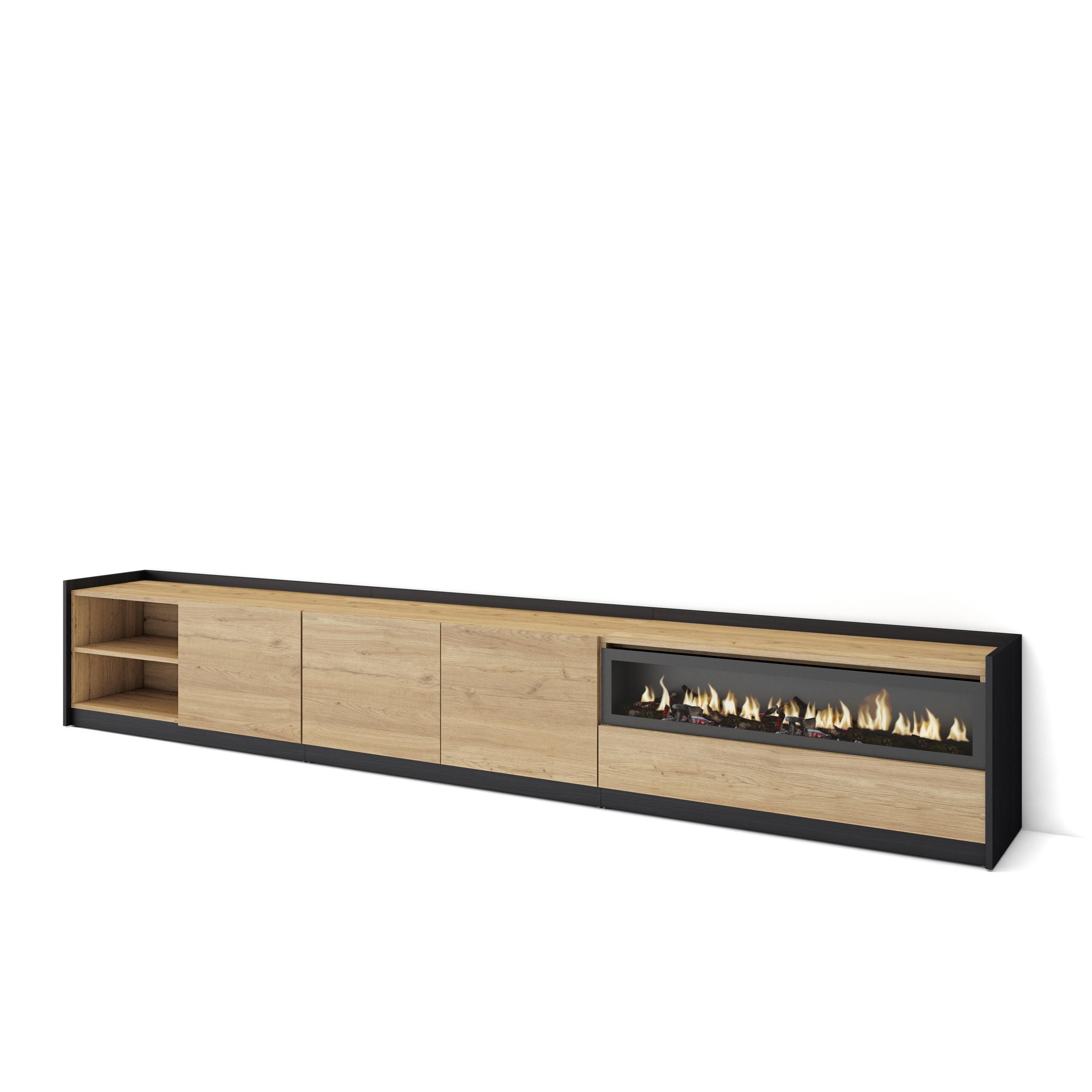 LOWBOARD, Eiche Schwarz, Elektrokamin, 310/37/50cm - Eichefarben, Holzwerkstoff (310/50/37cm) - Skraut Home