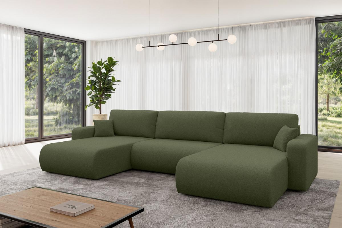WOHNLANDSCHAFT mit Schlaffunktion und Bettkasten BERY-U 377x193x88 Grün Bouclé - Schwarz/Olivgrün, Holzwerkstoff/Kunststoff (377/88/193cm) - ALTDECOR