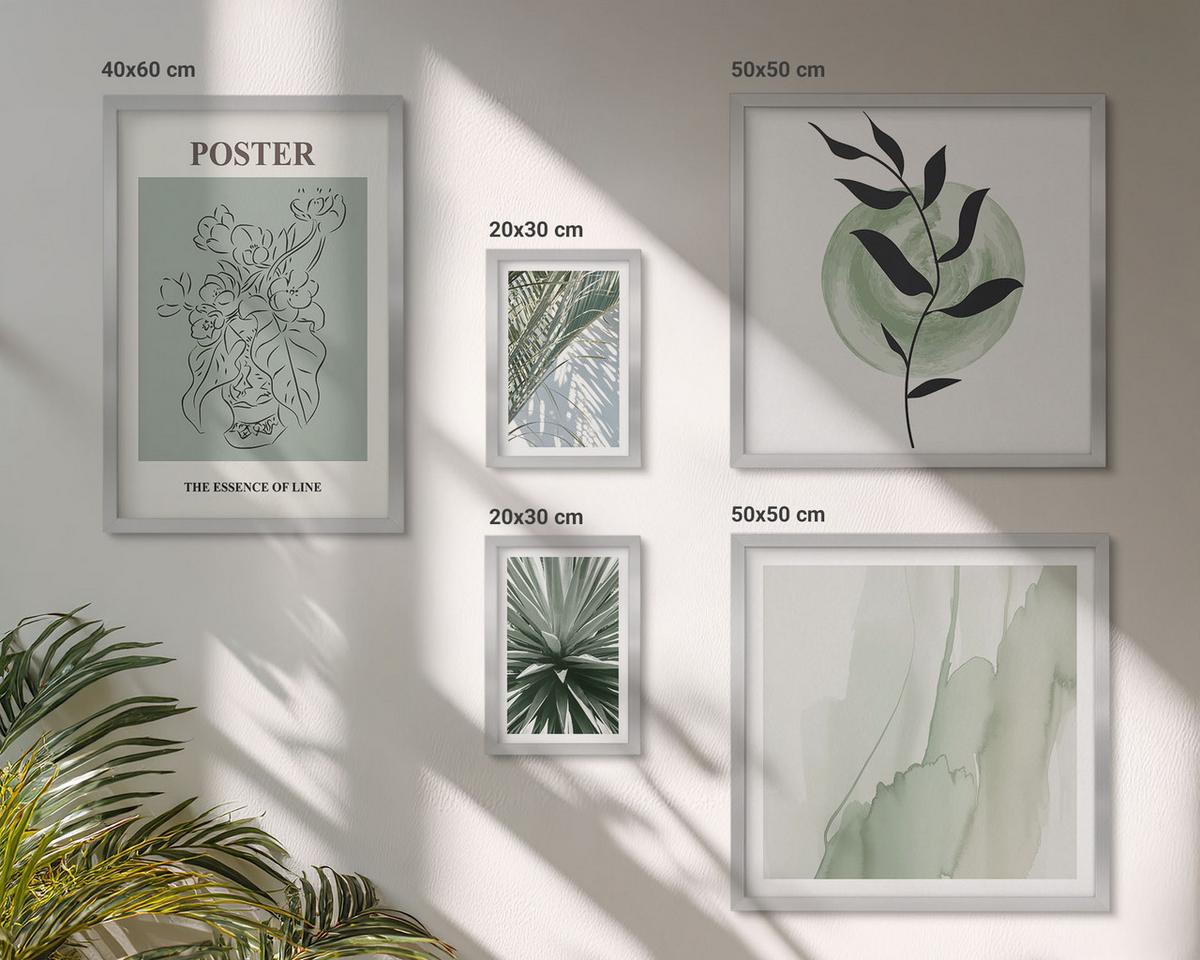 BILDER SET 5er Set - 50x50 cm & 20x30 cm & 40x60 cm Silberner Rahmen - Grün-beige Pflanzenmuster - Silberfarben, Kunststoff (40/60cm) - TULUP