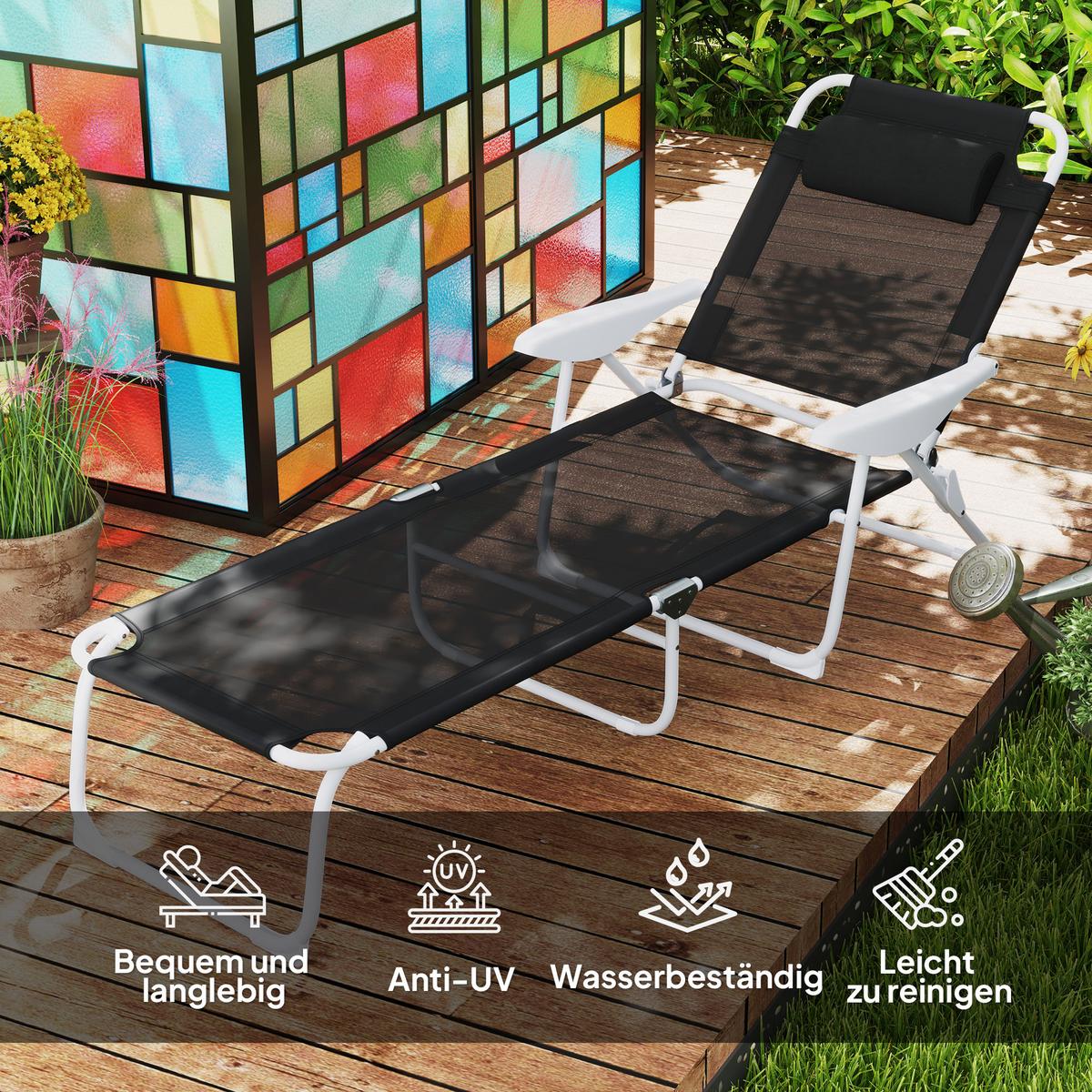 SONNENLIEGE mit Kissen Schwarz - Schwarz/Weiß, Textil/Metall (66/98/160cm) - Outsunny